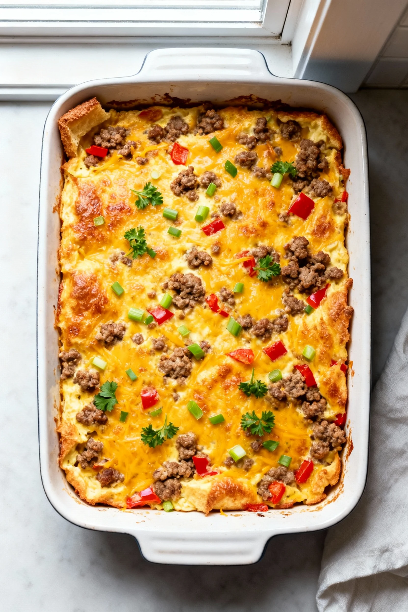Food photography, Overhead shot of the golden-baked overnight breakfast casserole in a 9×13 dish, blistered sharp chedda