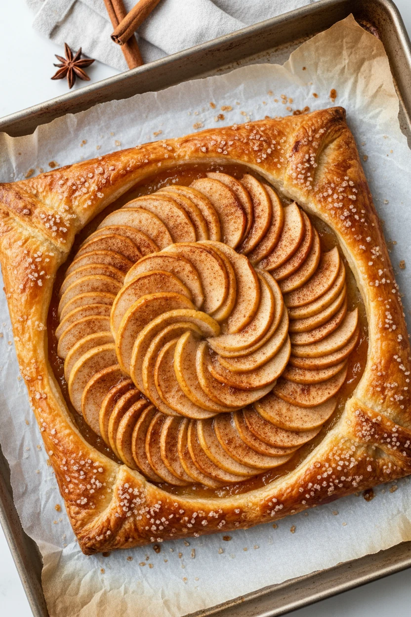 Overhead of freshly baked apple puff pastry tart on parchment over a preheated baking sheet: deep-golden puffed border, 