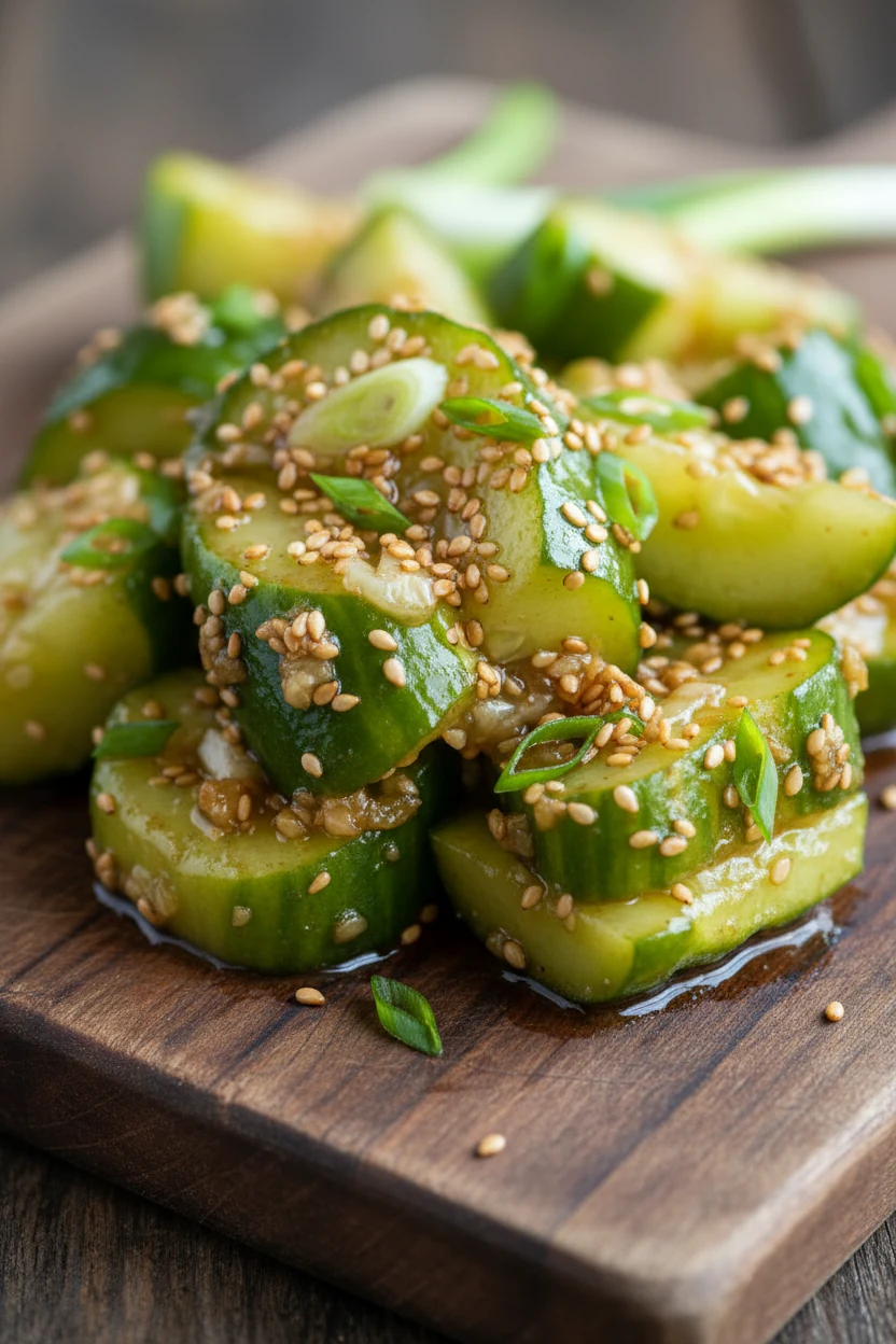 Close-up of smashed cucumber chunks glistening with garlic-soy-rice vinegar dressing, sesame seeds scattered on top, vib
