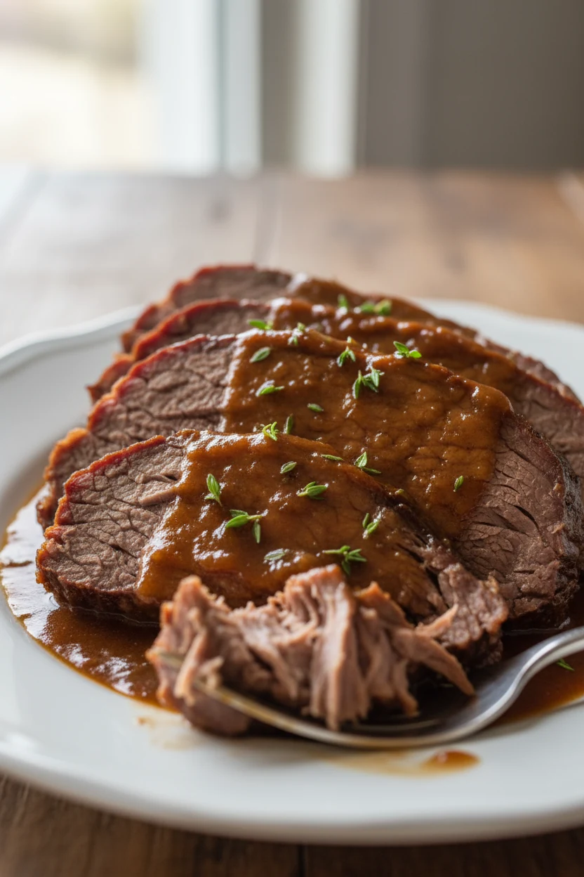 Close-up of tender sliced chuck roast drenched in glossy, rich brown gravy, garnished with a sprinkle of fresh thyme, sh
