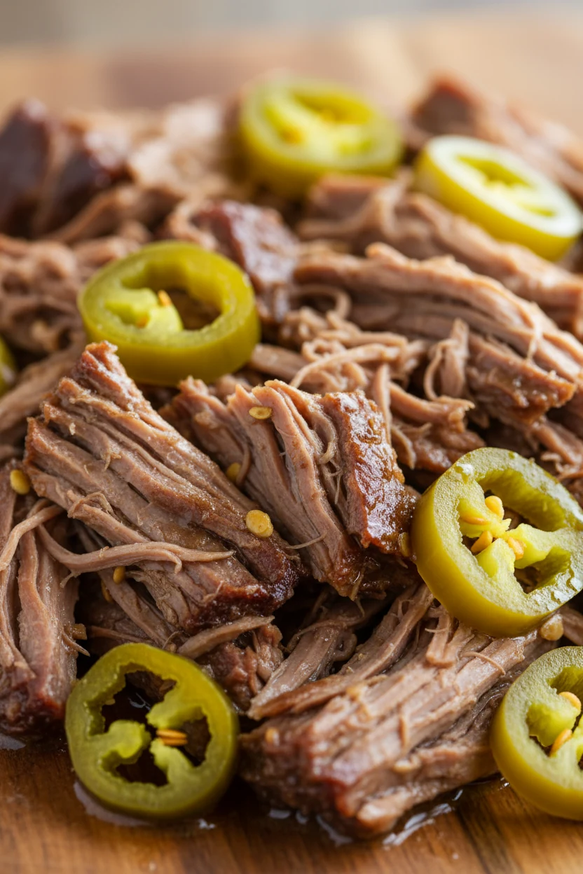 Close-up of tender shredded Mississippi chuck roast glistening with savory juices, pepperoncini slices nestled among the