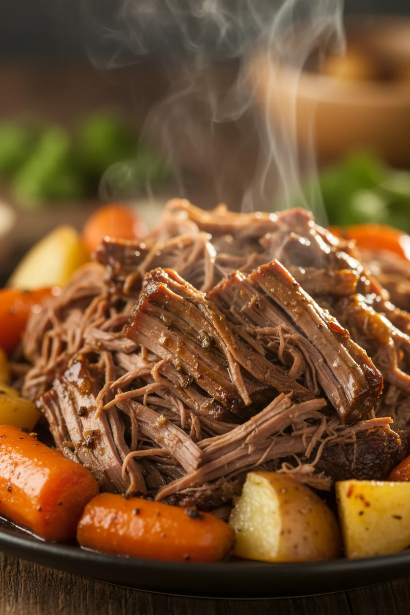 Close-up of tender, fall-apart chuck roast strands glistening with rich beef juices, surrounded by softened carrots and 