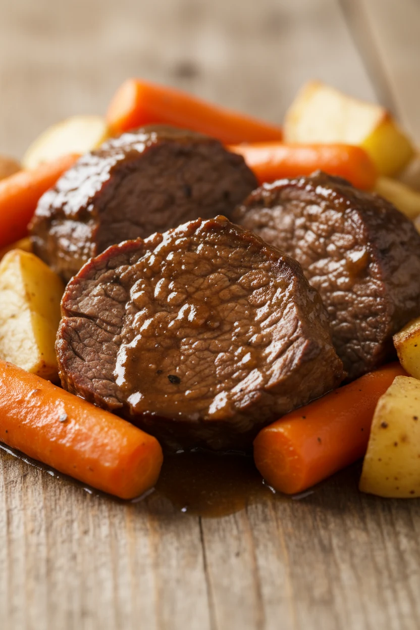 Close-up of fork-tender chuck roast pieces glistening with rich beef jus, surrounded by chunks of vibrant orange carrots