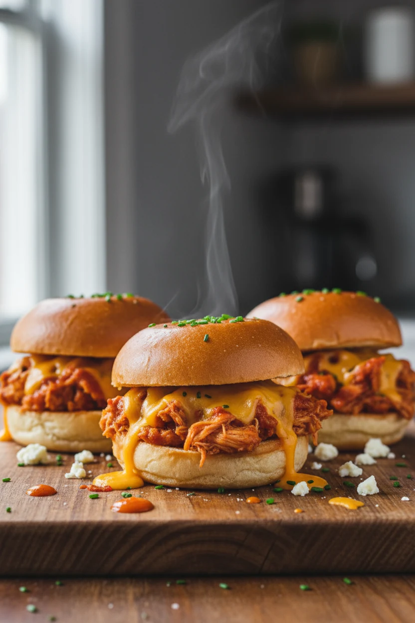 Close-up of freshly baked buffalo chicken sliders with melted cheddar cascading over tender shredded chicken in mini sli