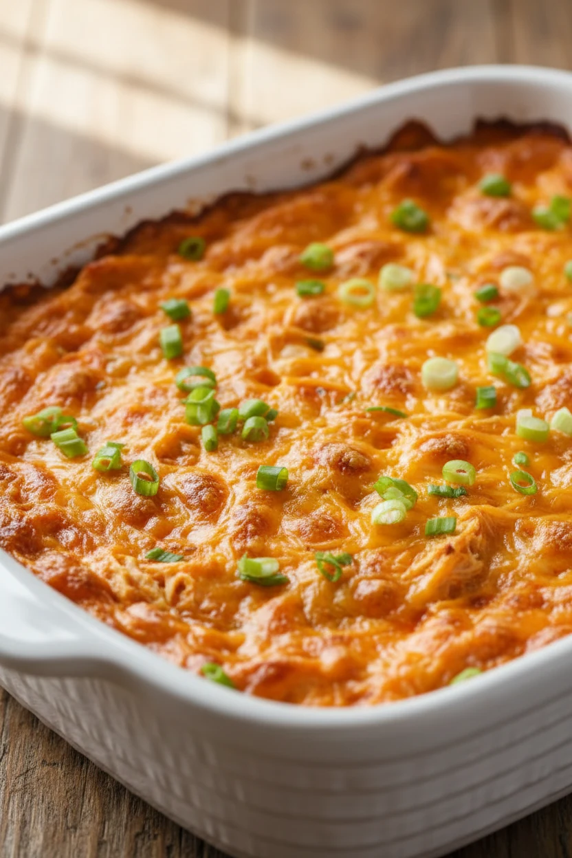 Close-up detail shot of freshly baked Buffalo chicken dip in a white ceramic baking dish, golden-brown melted cheddar bu
