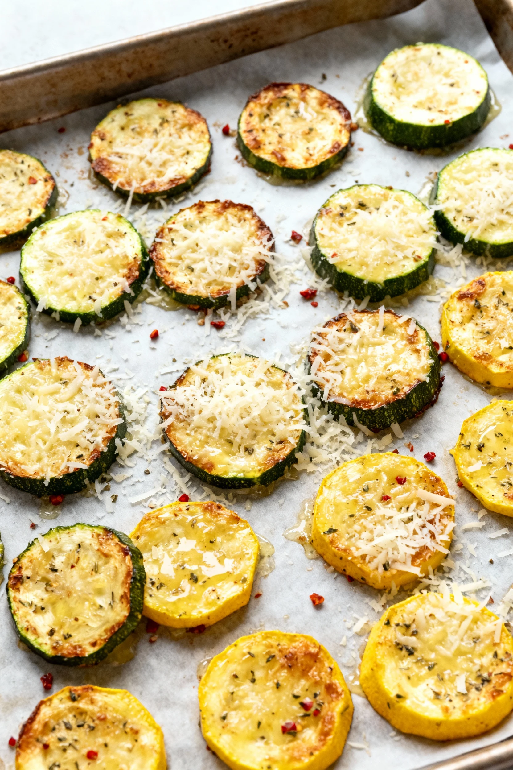 Overhead shot of a parchment-lined sheet pan after the first roast: zucchini and yellow squash rounds flipped into a sin