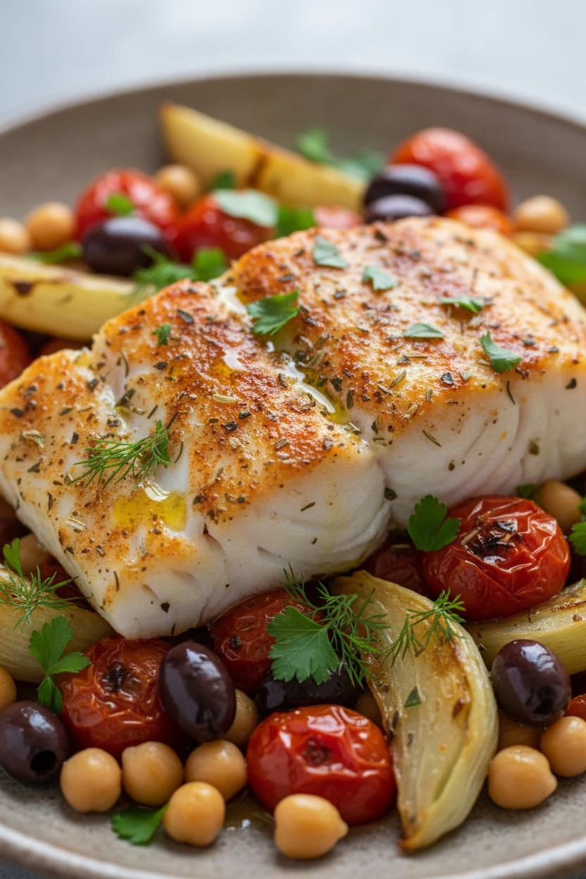 1. Close-up of flaky cod fillet nestled on roasted cherry tomatoes, kalamata olives, chickpeas, and caramelized fennel; 