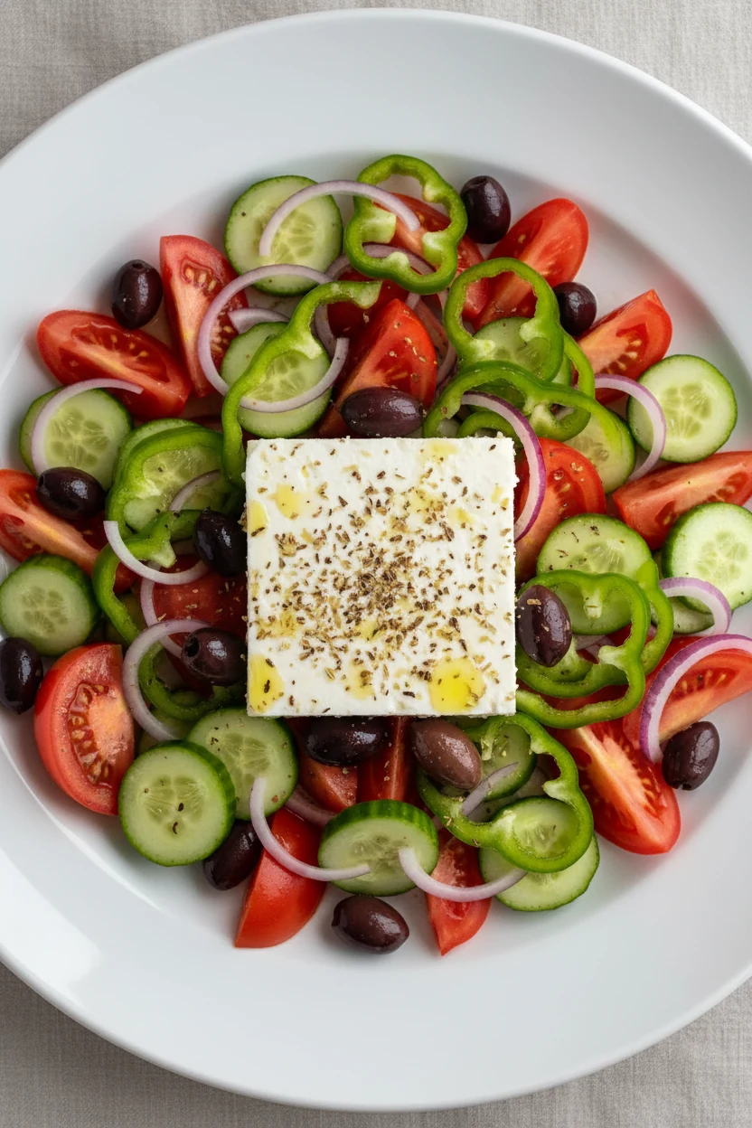 Overhead shot of Greek Village Salad (Horiatiki) on a wide white platter: juicy tomato wedges, crisp cucumber half-moons