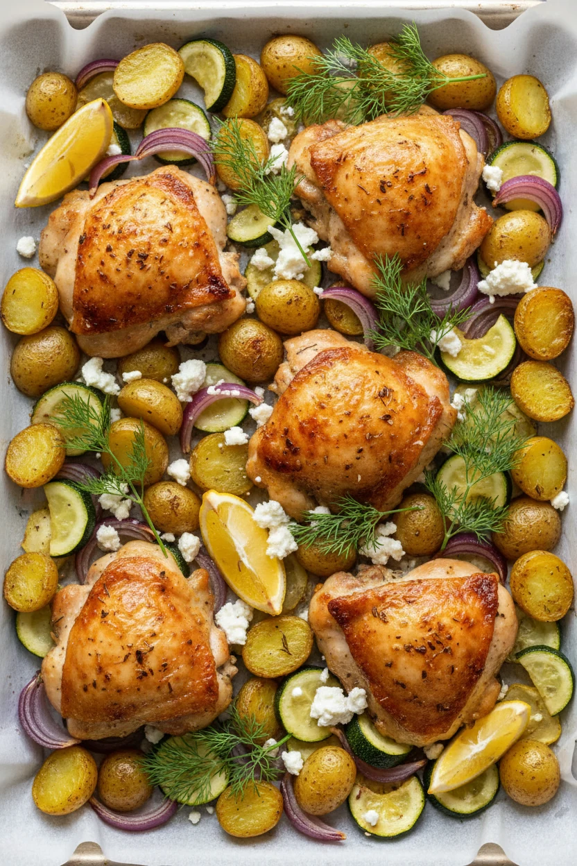 Overhead shot of roasted Greek lemon-oregano chicken thighs with crispy baby potatoes, zucchini half-moons, and red onio