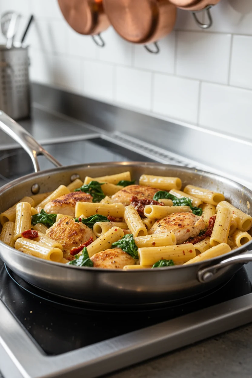 1. Cooking process: glossy garlic-Parmesan cream clings to rigatoni and golden-seared chicken in a stainless skillet; wi