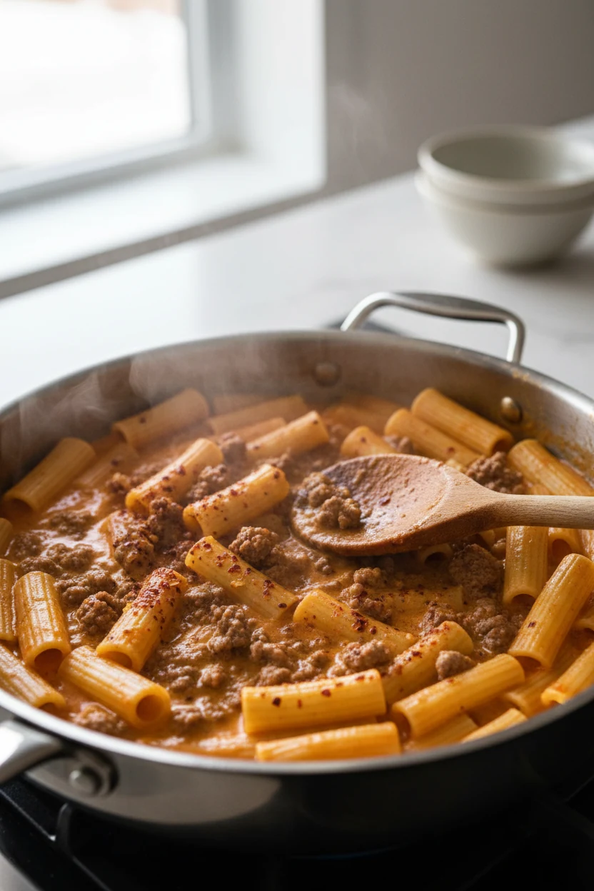 Cooking process: close-up 3/4 angle of the skillet as short pasta simmers in a creamy tomato-broth with browned ground b