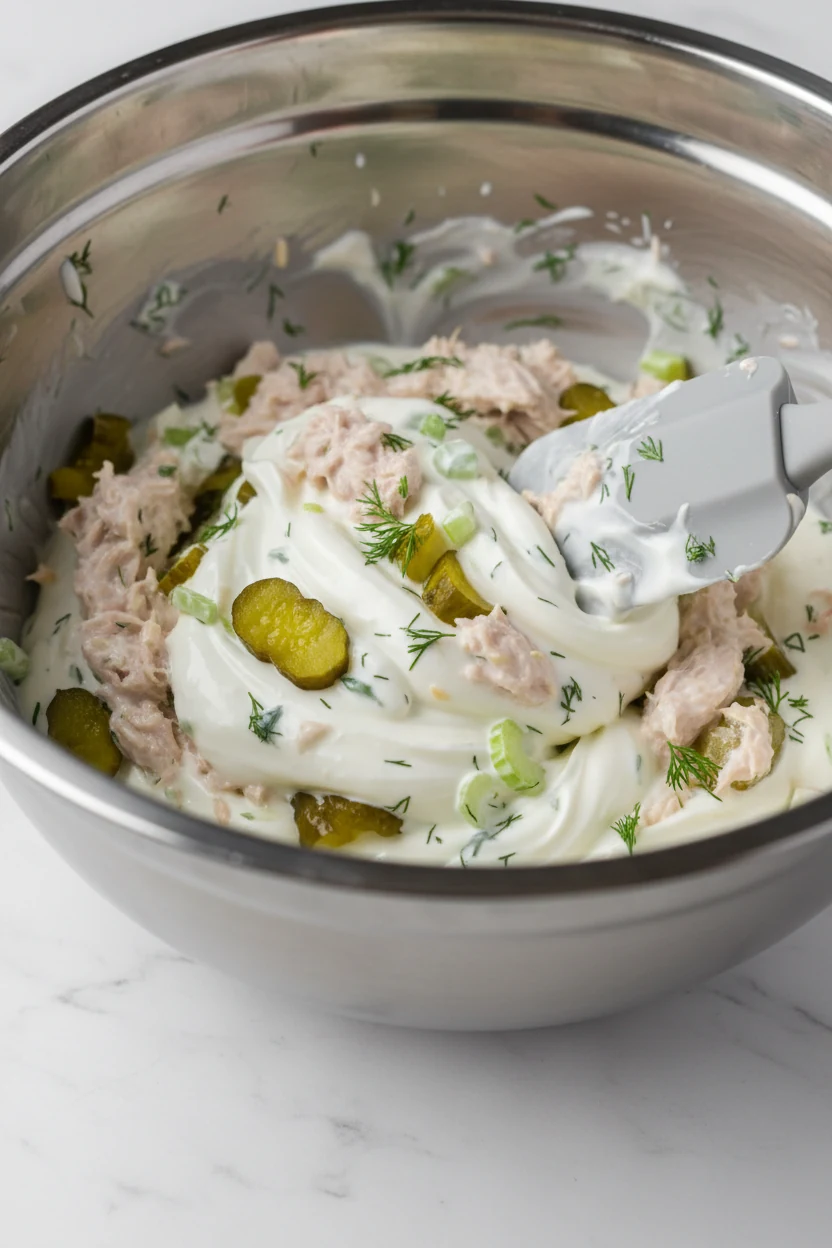 Close-up of Greek Yogurt & Dill Pickle tuna salad being gently folded in a stainless bowl—big flaky tuna, creamy yogurt