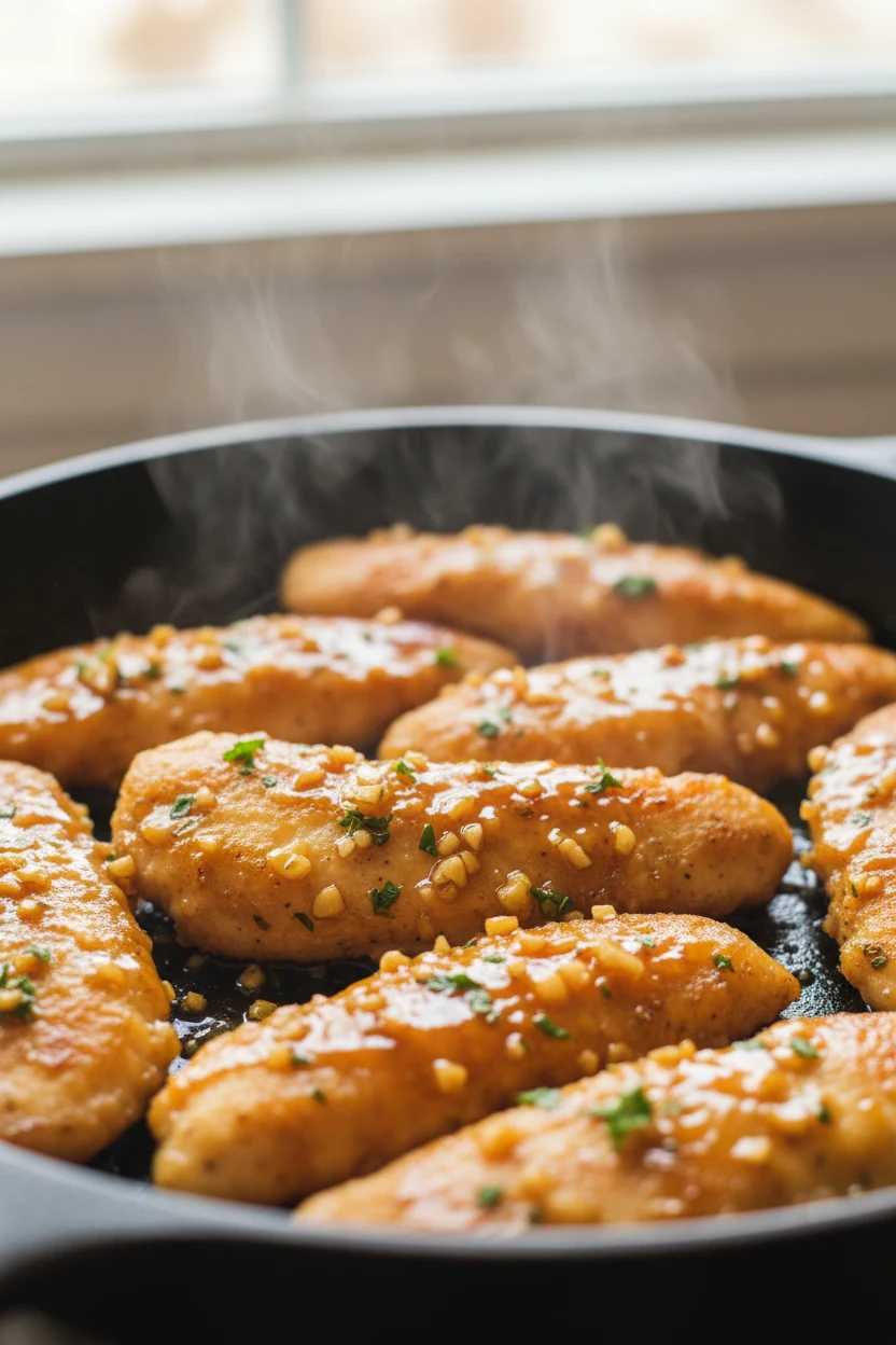 Close-up of golden-brown honey garlic chicken tenders in a skillet, glistening with sticky glaze, minced garlic visible