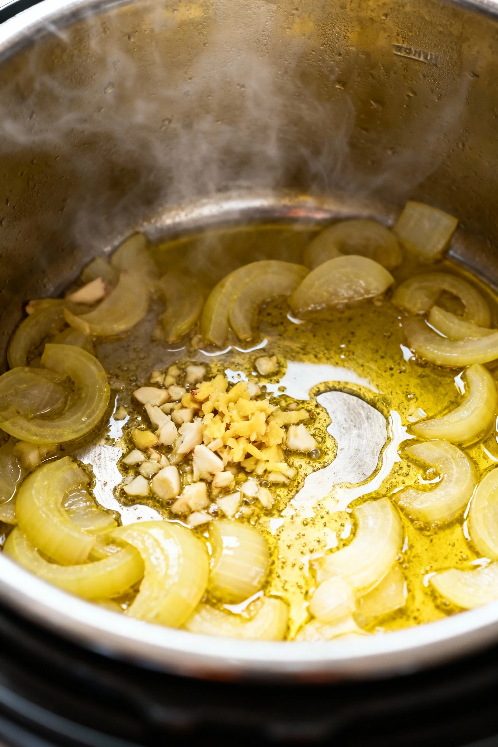 Close-up of sautéed aromatics in the Instant Pot: translucent yellow onion with minced garlic and ginger glistening in o