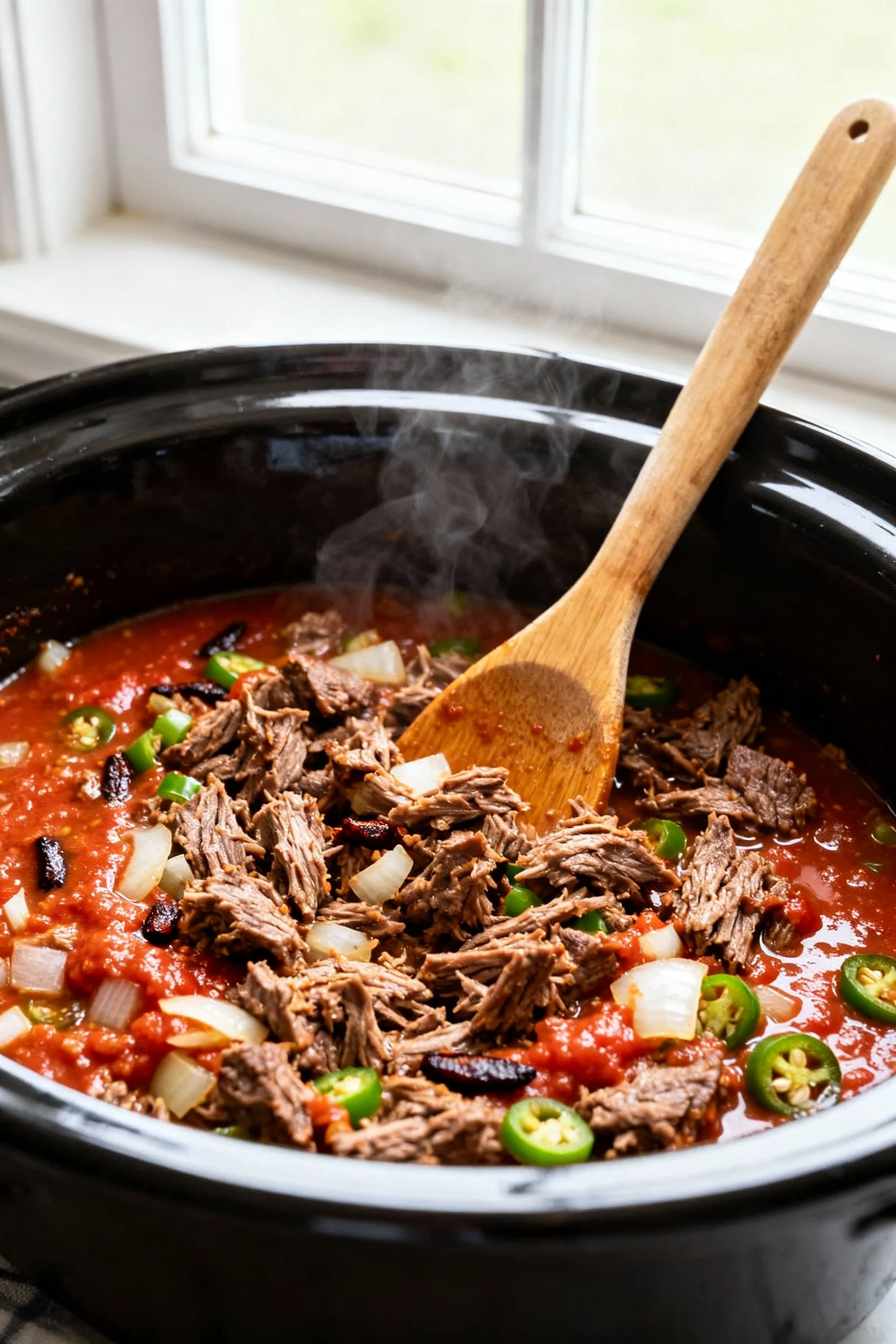 Slow cooker taco meat mid-cook, wooden spoon resting in pot after breaking meat into small bits; saucy tomato-broth past