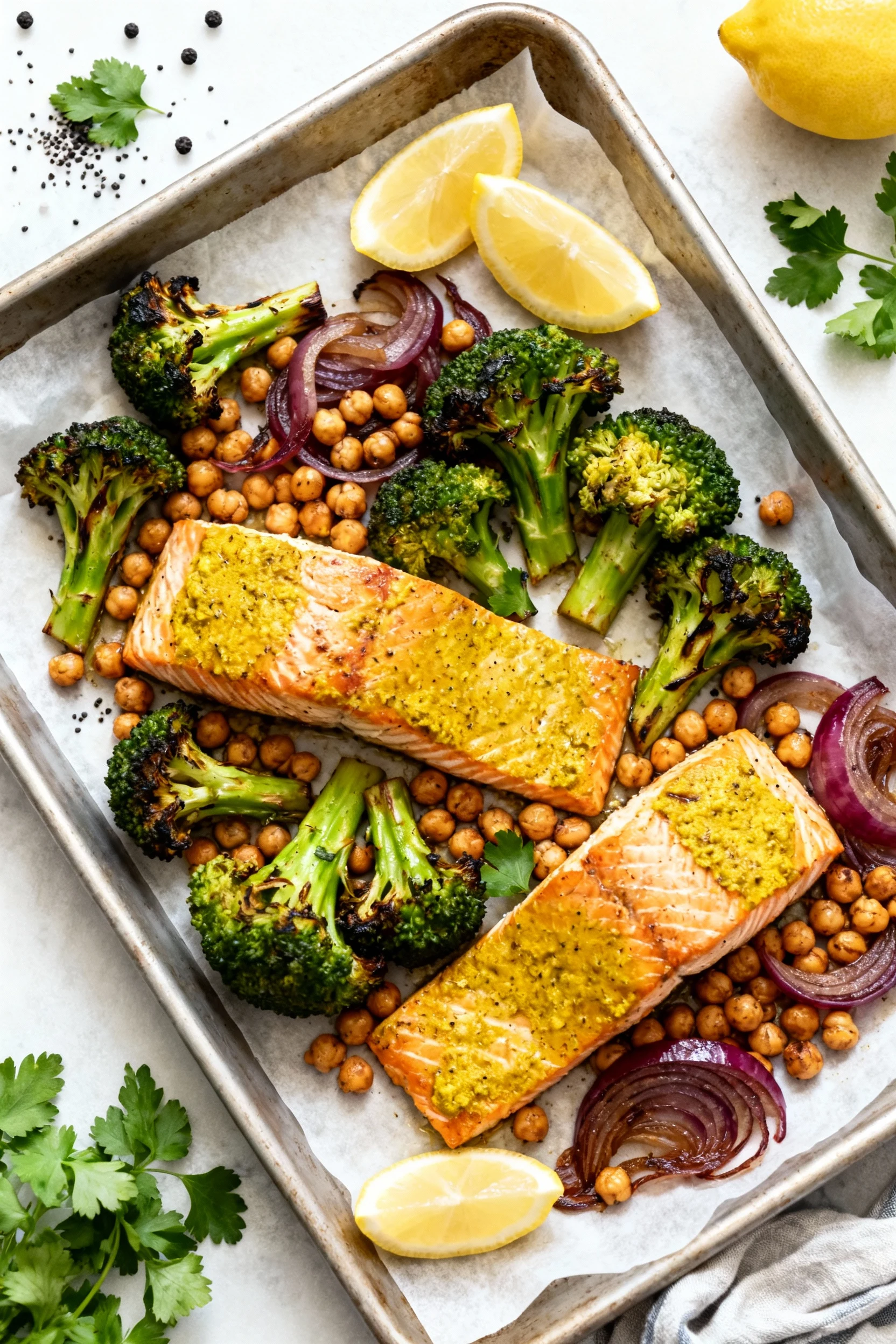 Overhead shot of one-pan turmeric-ginger roasted salmon with charred broccoli, crispy chickpeas, and caramelized red oni
