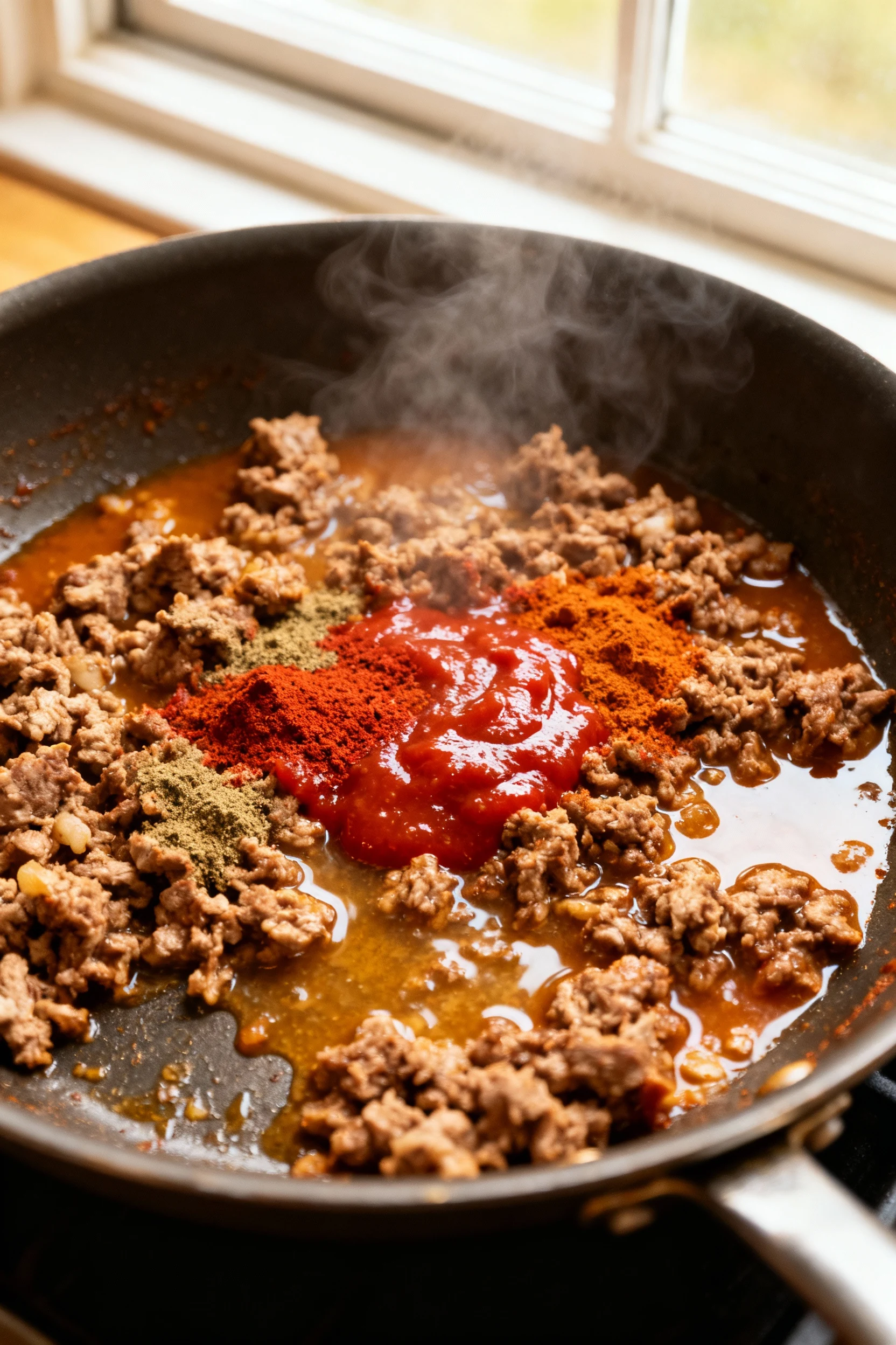 Cooking process, overhead: browned turkey taco meat in a large stainless skillet, spices bloomed (chili powder, cumin, s