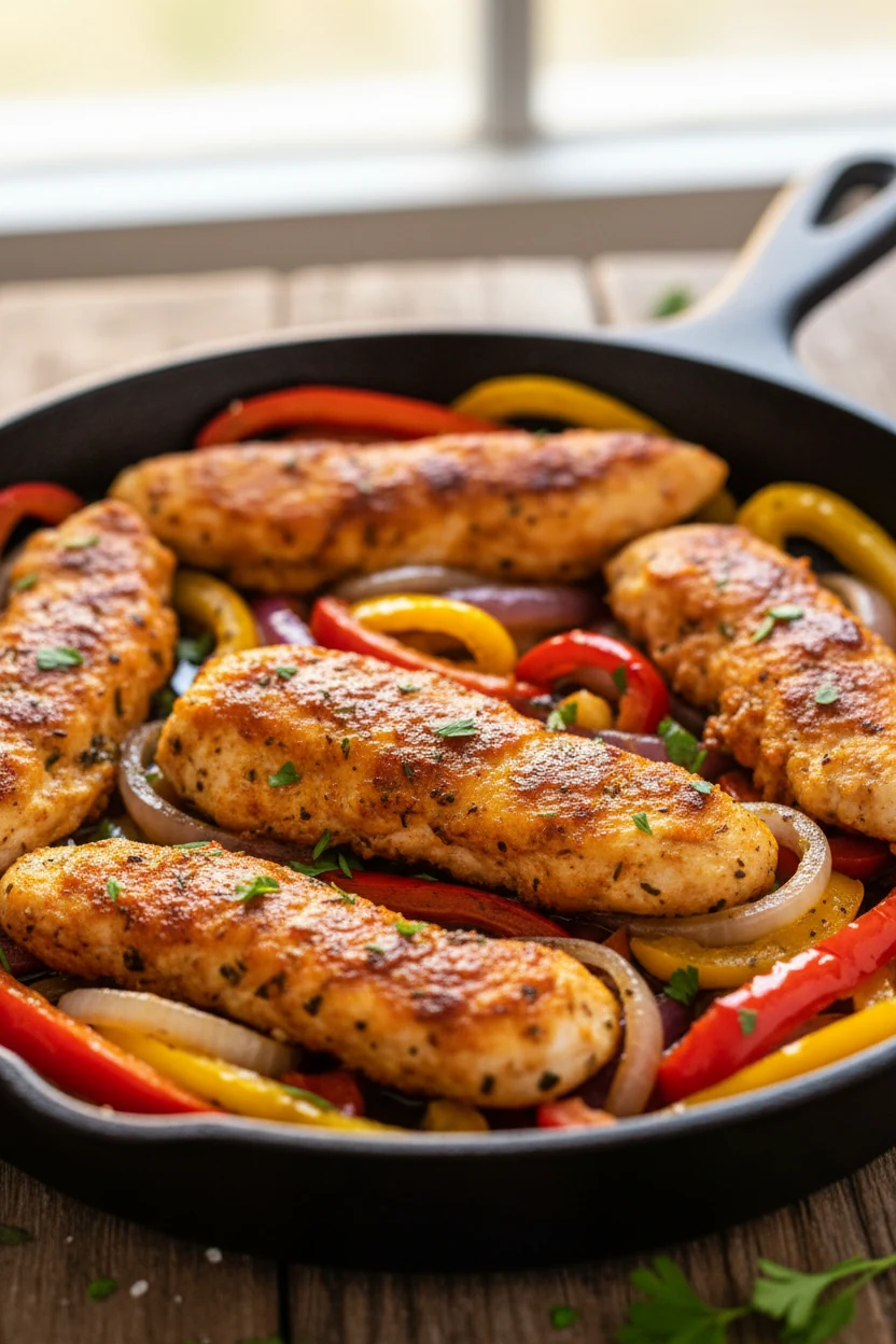 Close-up of golden-seared smoked paprika chicken strips in a skillet, glistening with olive oil, surrounded by sautéed b