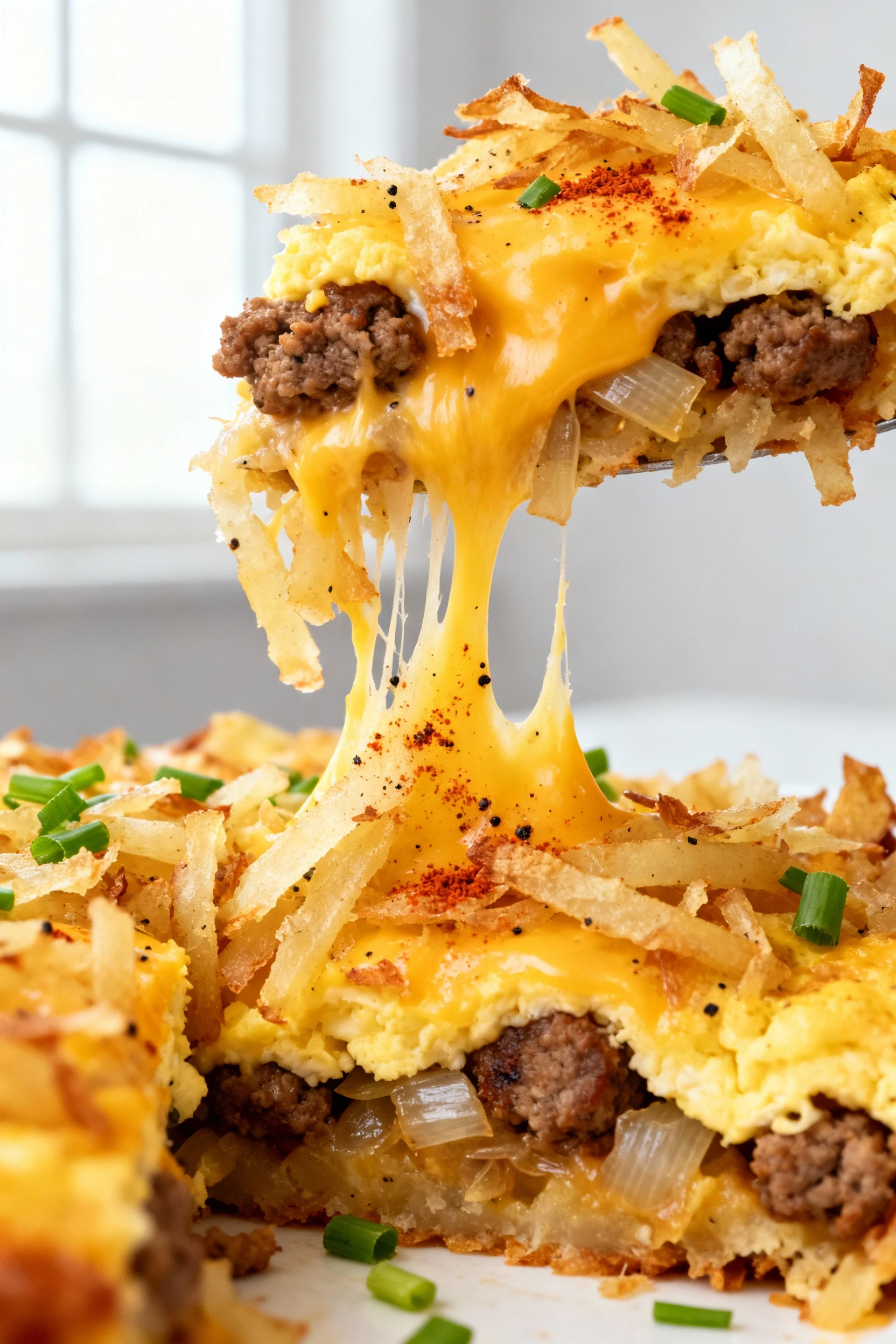 Food photography, Macro close-up of a just-cut slice of hash brown breakfast casserole: shatter-crisp golden potato stra