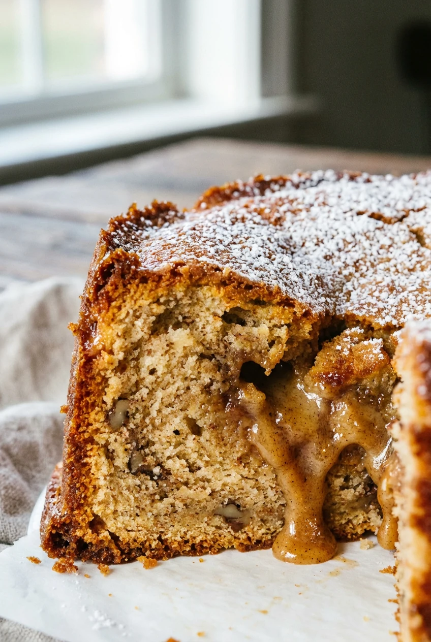 Close-up of golden-brown holiday cake slice with crisp edges and gooey center revealed, dusted lightly with powdered sug