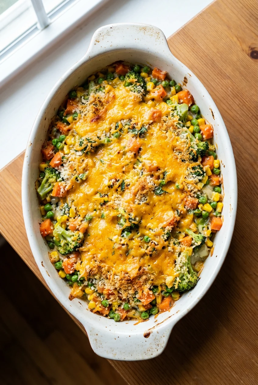 1. Overhead shot of golden-brown baked casserole in a white ceramic dish, bubbling cheese and crisp breadcrumb topping v