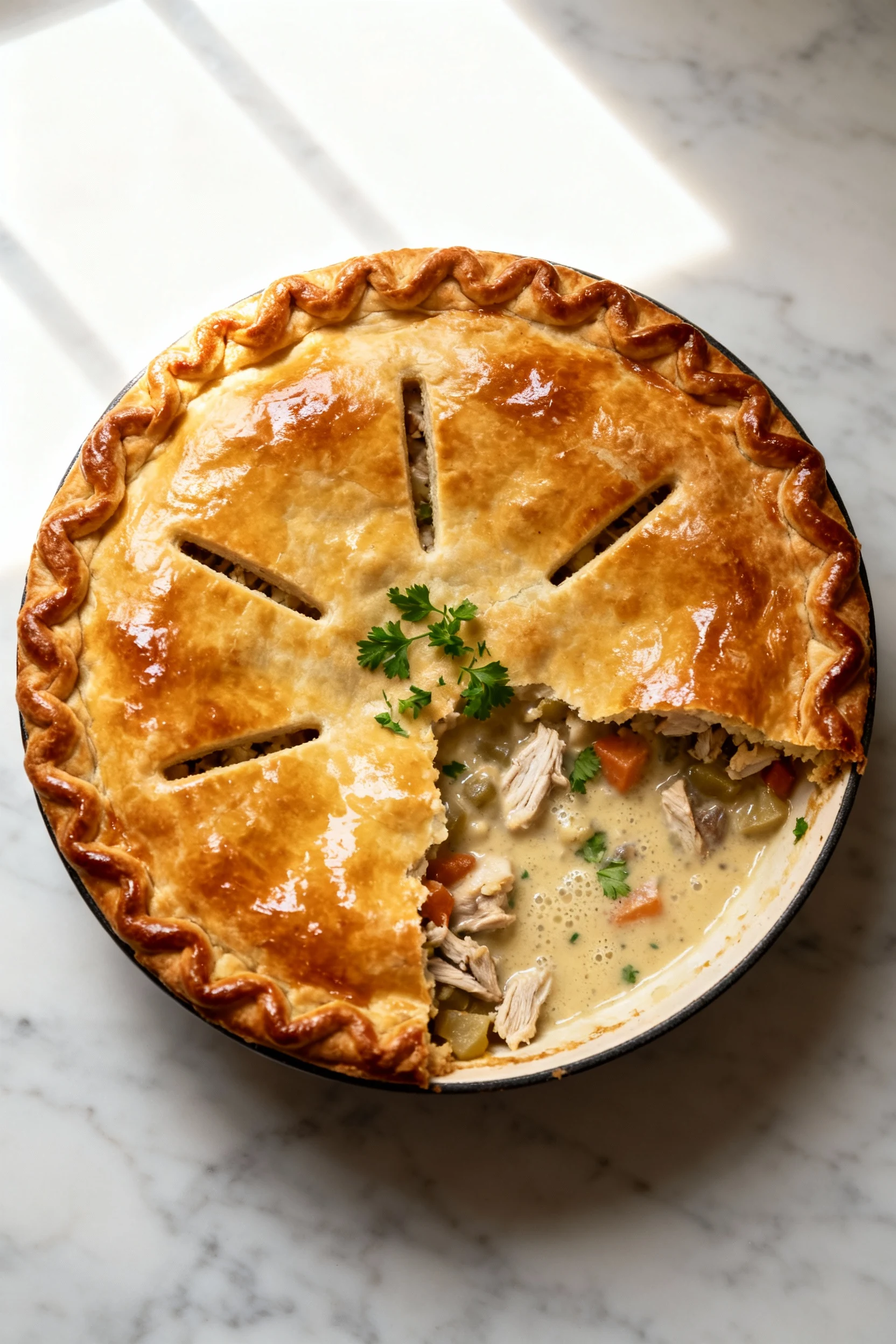 Overhead shot of a freshly baked leftover turkey pot pie in a 9-inch dish: deep golden, glossy egg-washed crust with cri