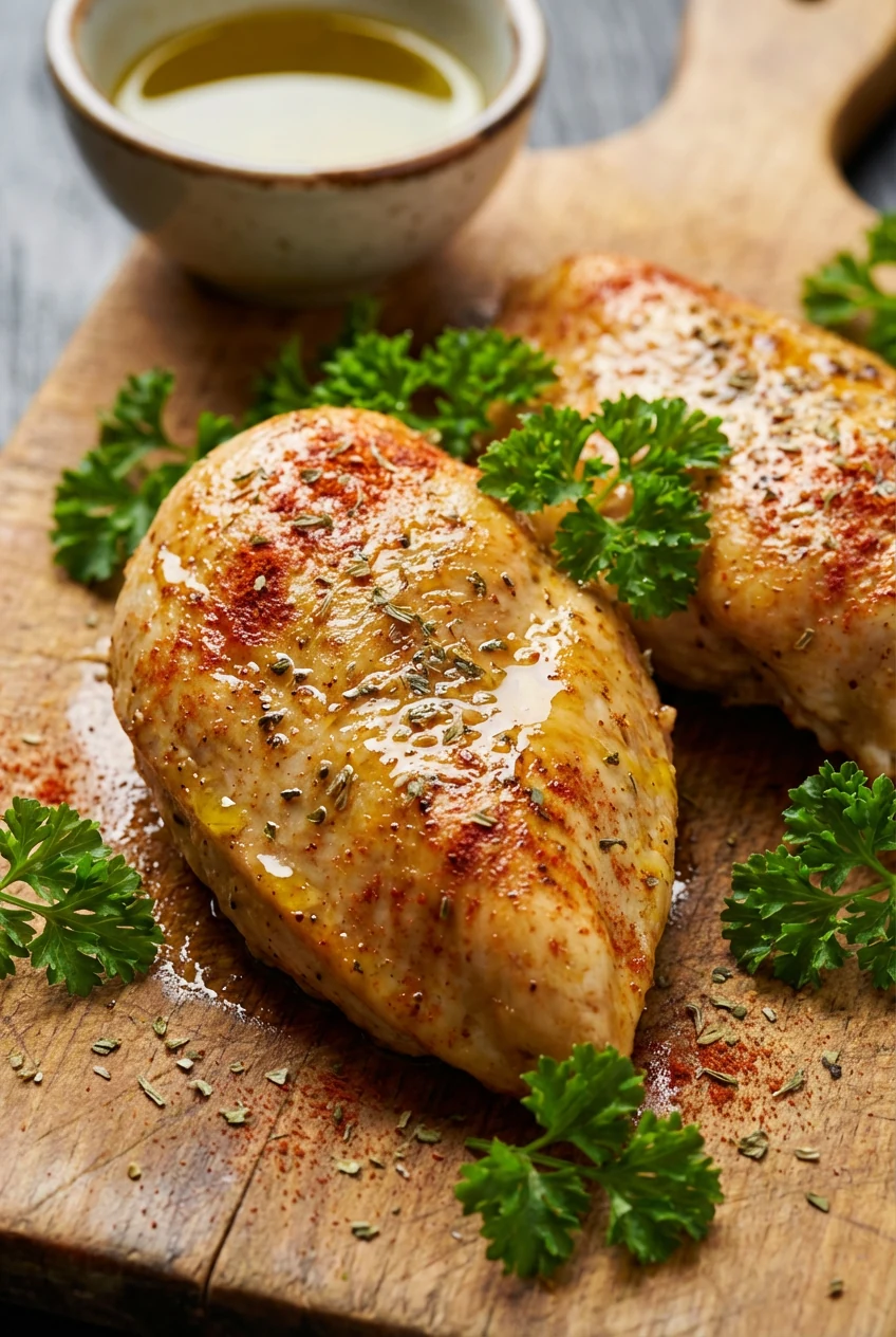 1. Close-up of perfectly baked golden chicken breasts glistening with olive oil, speckled with paprika and oregano, tend