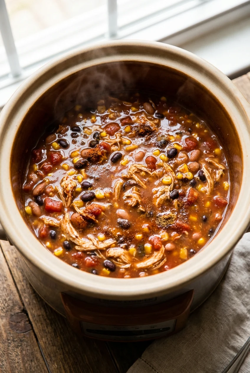 Overhead shot of slow cooker bubbling shredded chicken, black/pinto beans, corn, and diced tomatoes; lid off to thicken,