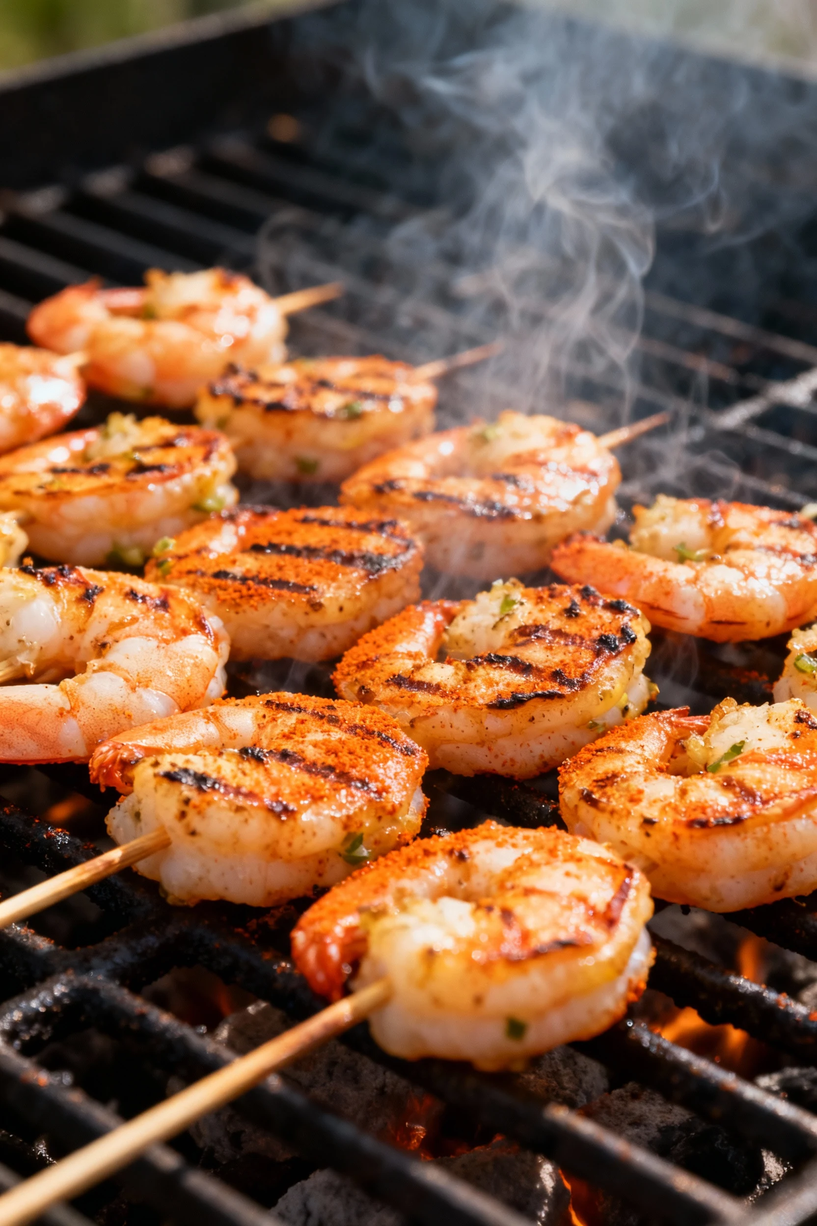 Cooking process: lemon-garlic shrimp skewers sizzling over a high-heat (450–500°F) grill, shrimp pressed flat with even