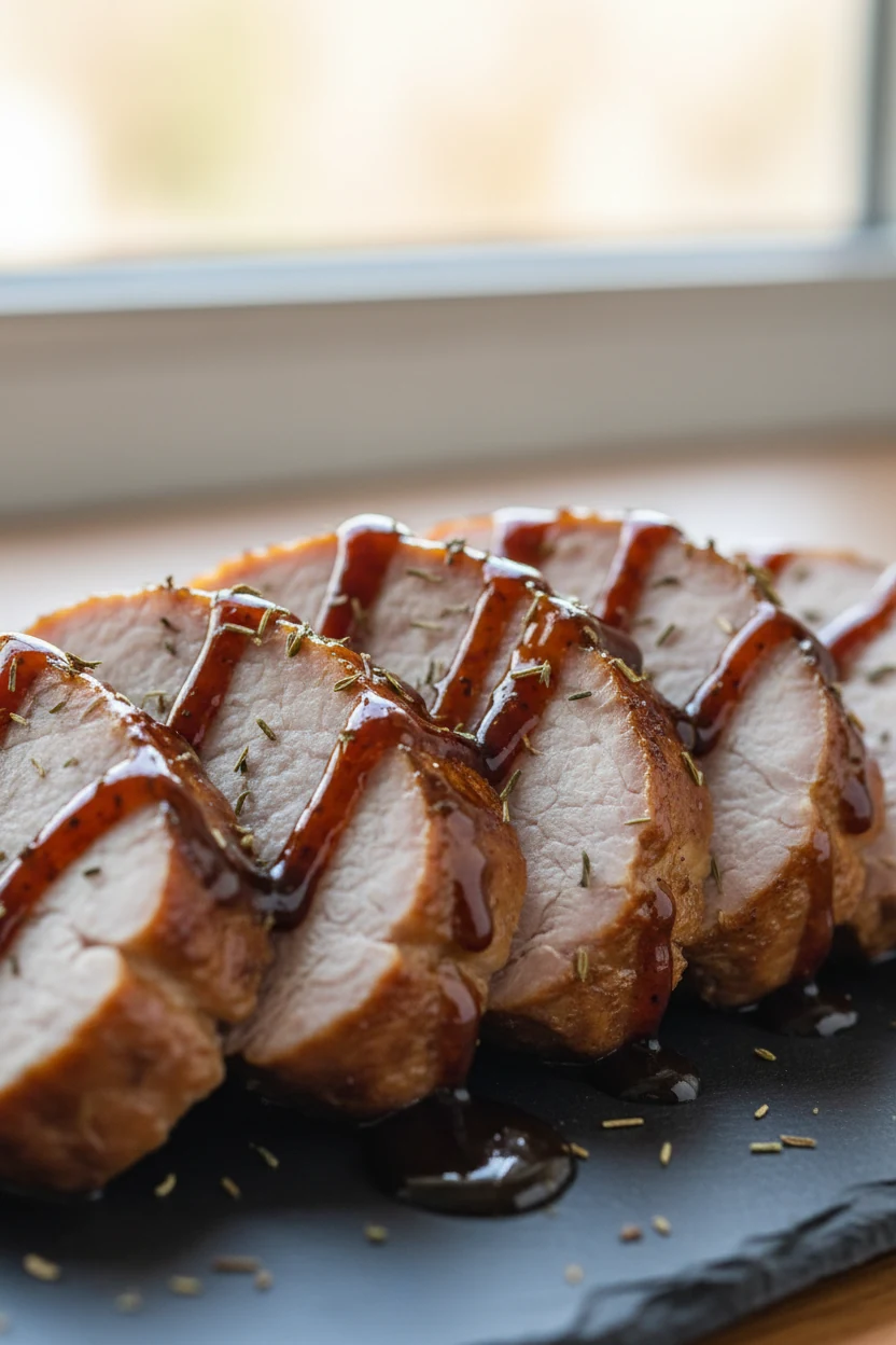 Macro close-up of sliced slow-cooker pork loin lacquered in glossy balsamic–brown sugar glaze; deep mahogany sheen, stic
