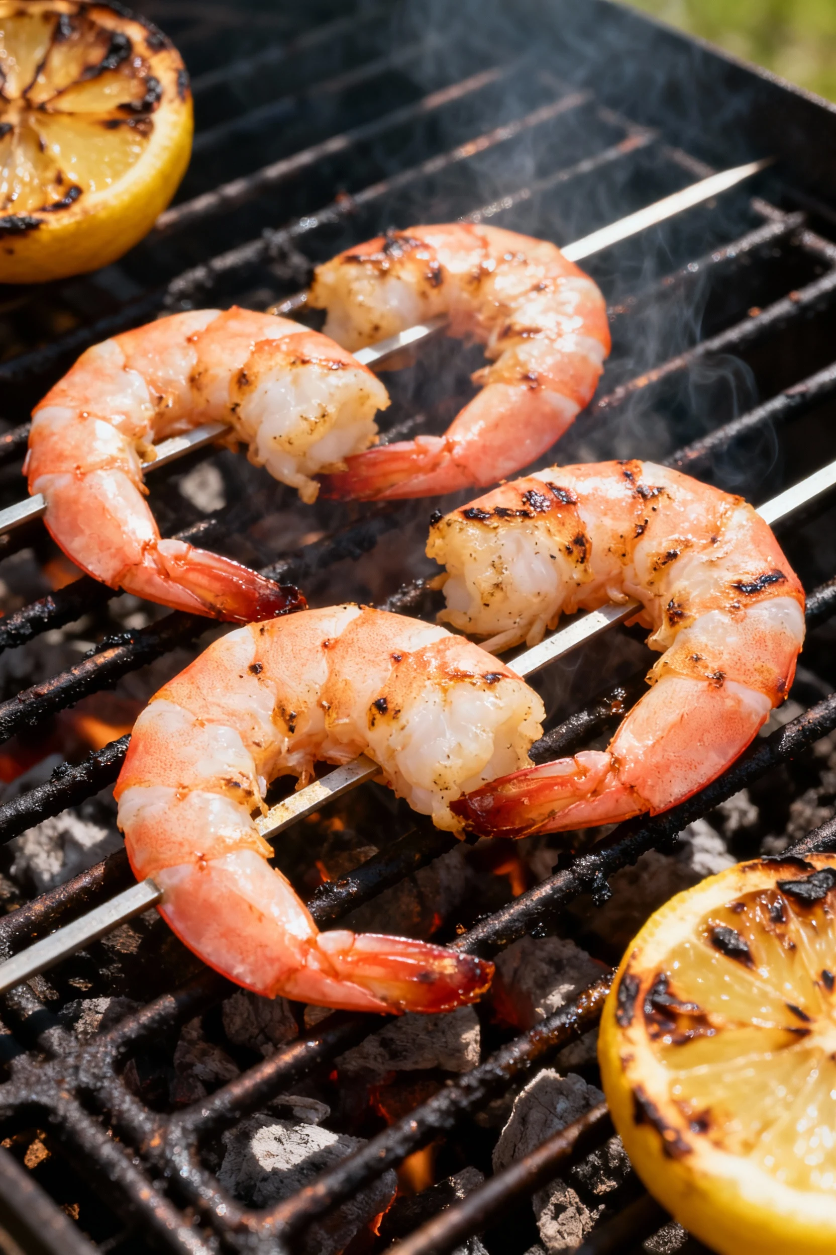 Shrimp skewers grilling over 450–500°F direct heat: large 21/25 shrimp on two parallel skewers, opaque pink C-curves wit