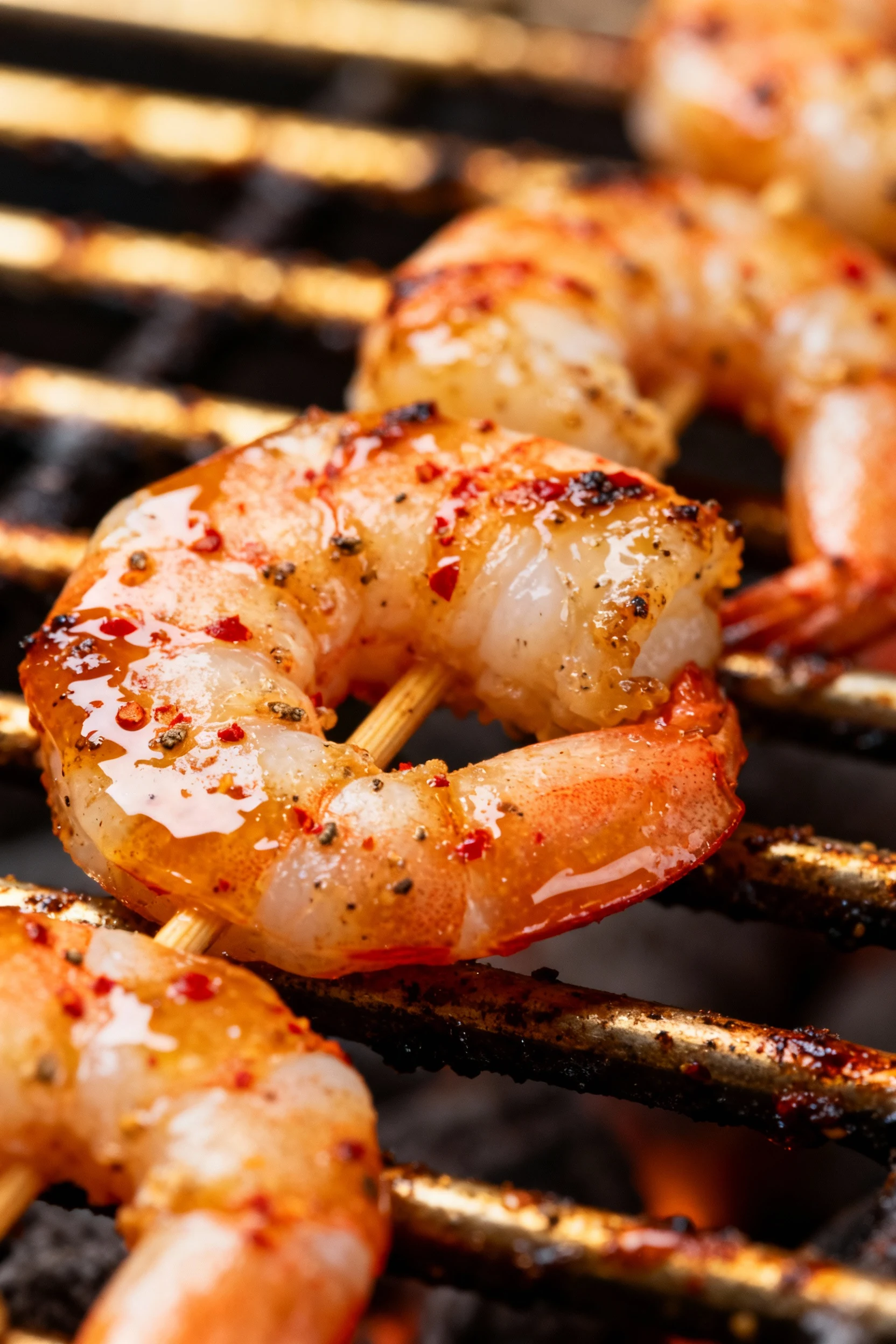 Macro close-up of char-kissed grilled shrimp on skewers, glossy honey-lime glaze with smoked paprika and cumin flecks, f