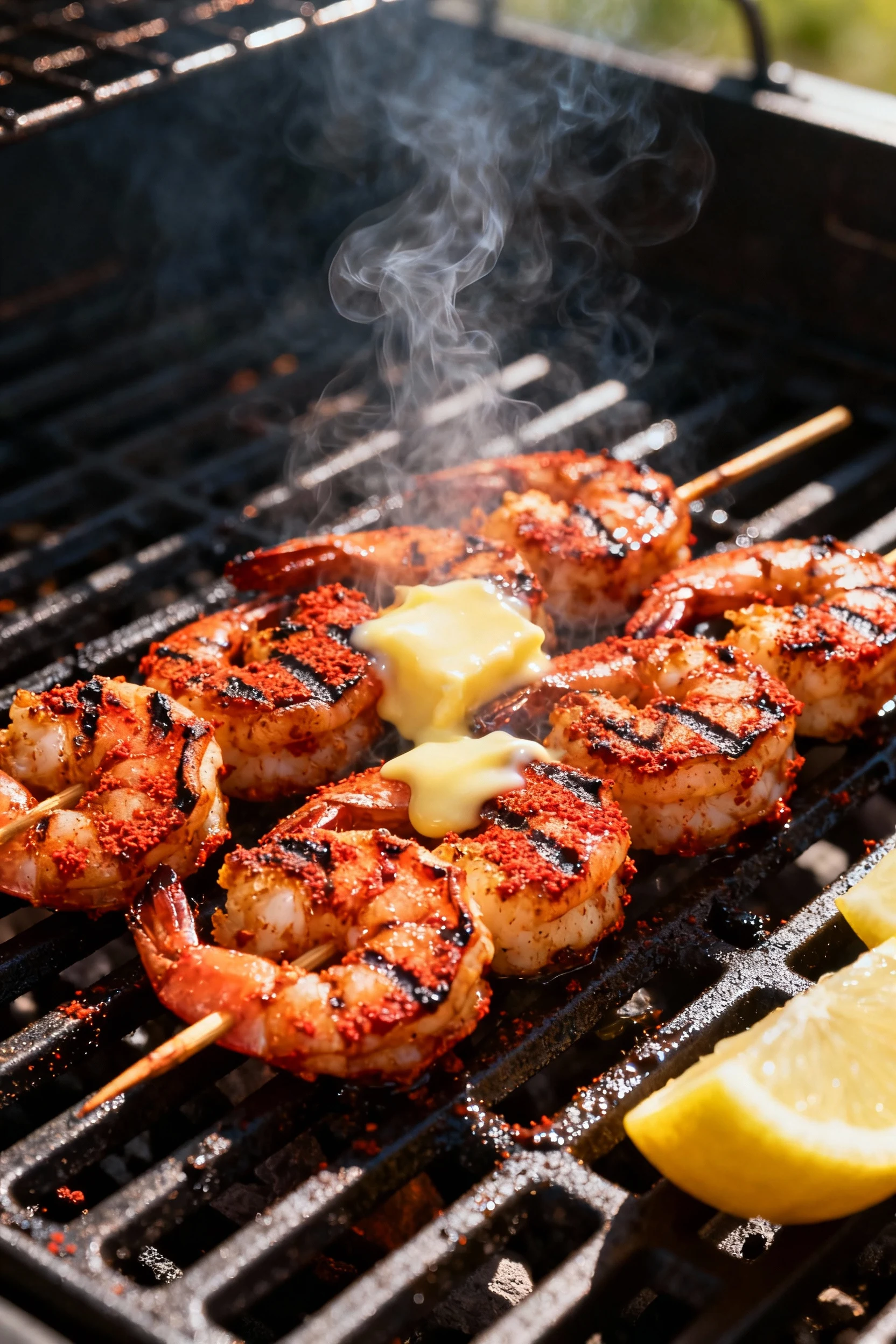 Skewered Cajun shrimp sizzling on hot grill, smoky paprika-red crust, defined grill marks, gentle smoke, butter glaze br