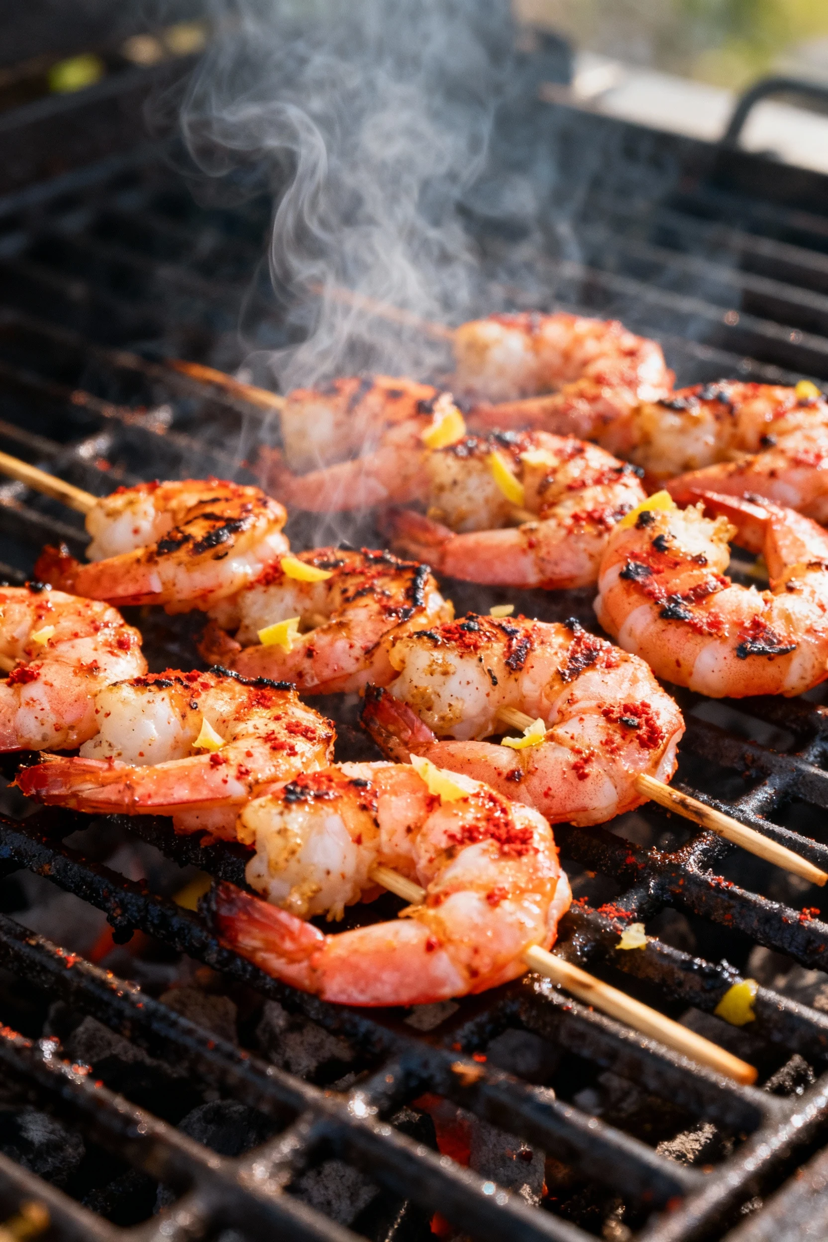 Cooking process: skewers of seasoned shrimp sizzling on a medium-high grill, pink-orange flesh turning opaque with defin