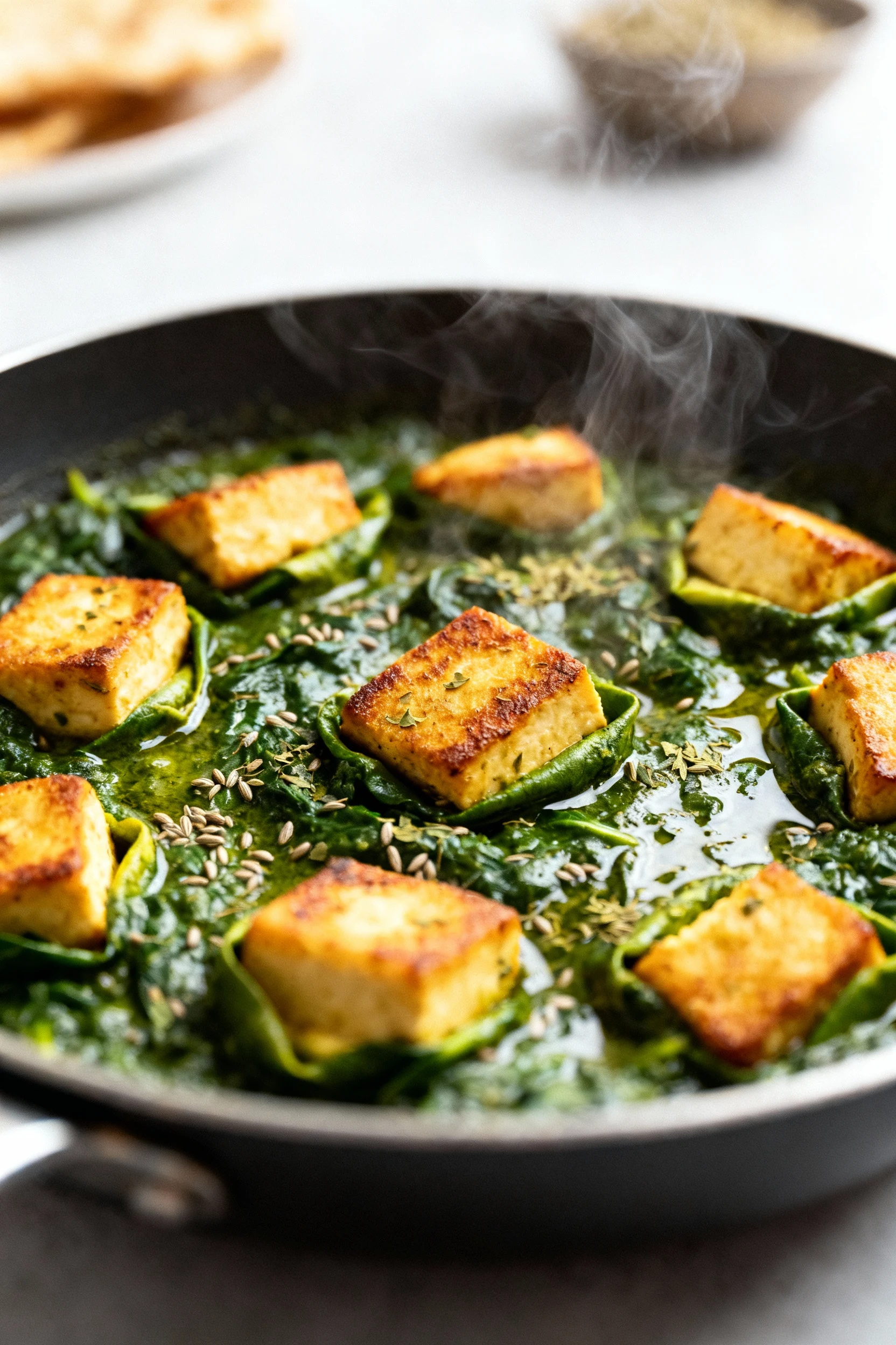 Saag paneer being prepared: golden-seared paneer cubes folded into vibrant spinach curry in a skillet, cumin seed-studde