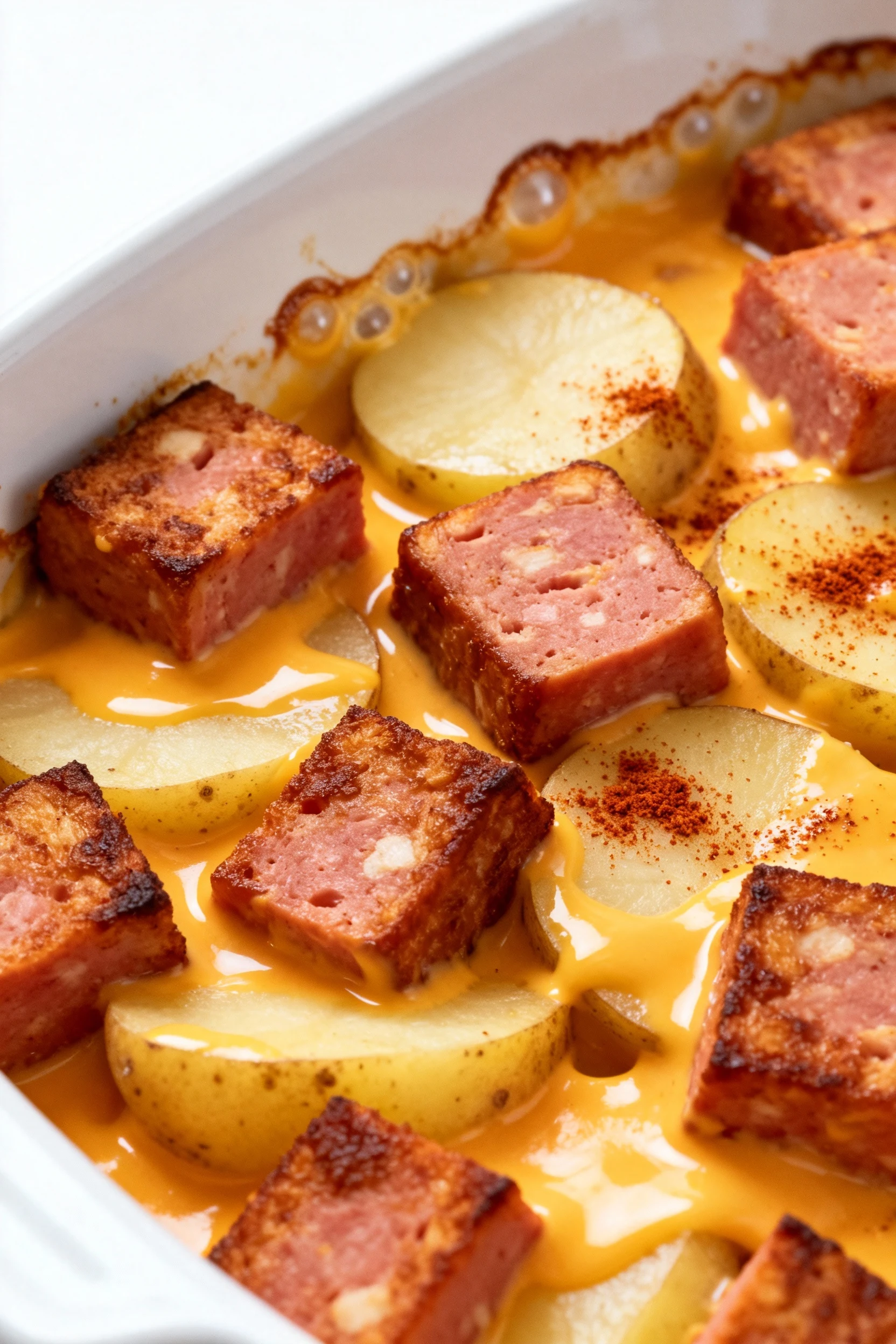 Close-up of crispy browned Spam cubes and parboiled potato slices bathed in glossy sharp-cheddar sauce, smoked paprika d