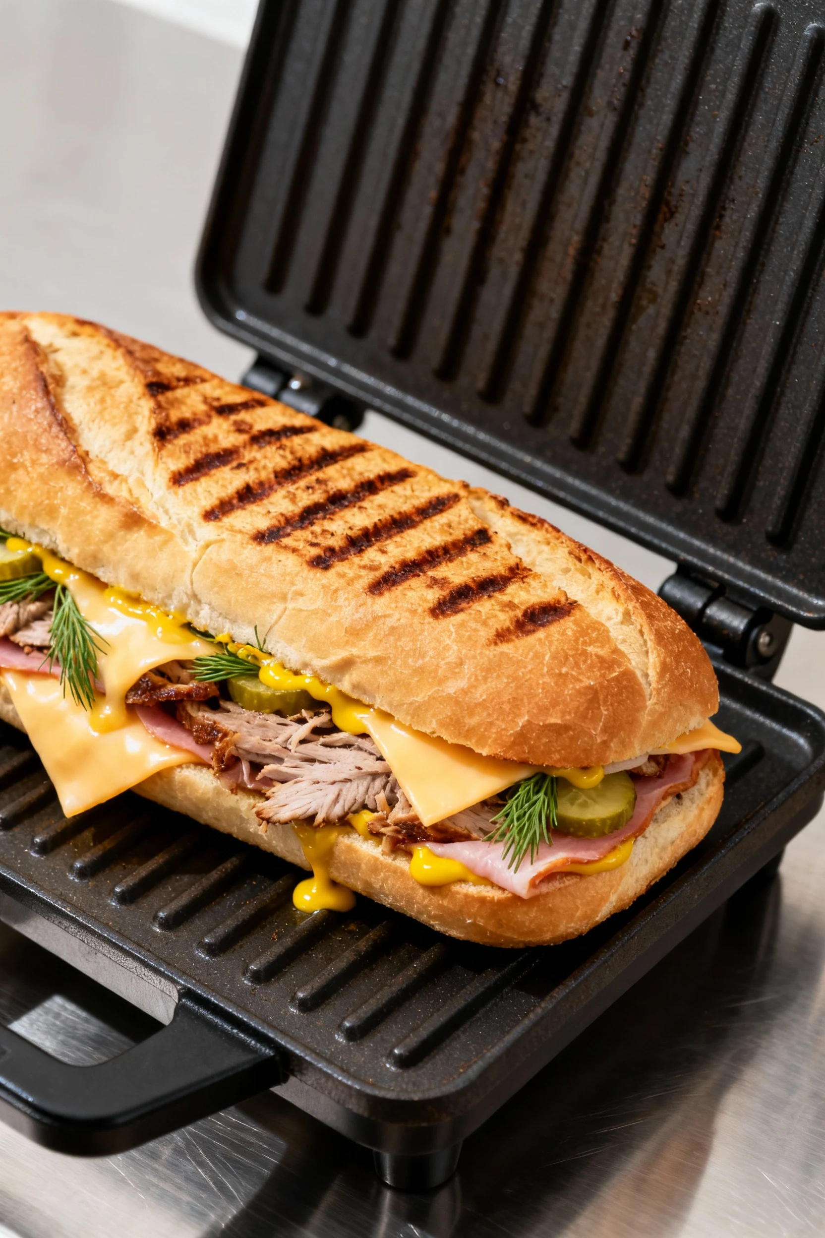 Cuban-ish panini mid-press on a hot panini press, golden baguette compressing with fresh grill marks forming, Swiss chee