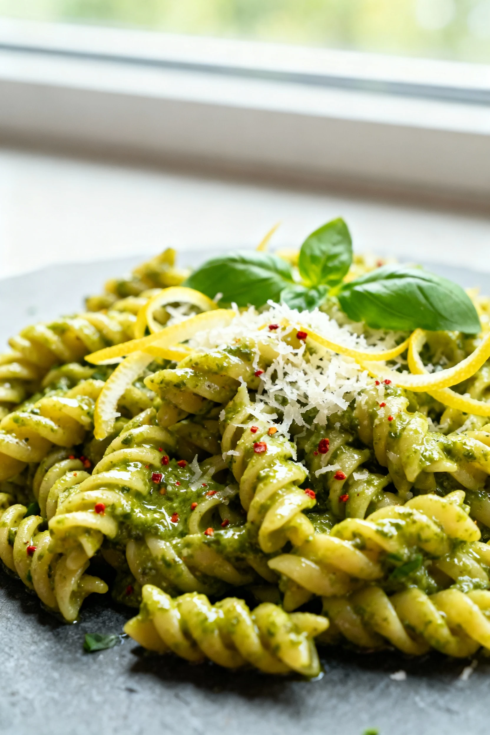 1. Close-up of fusilli drenched in a glossy pesto emulsion, micro-grated Parmesan melting into the sauce, flecks of basi