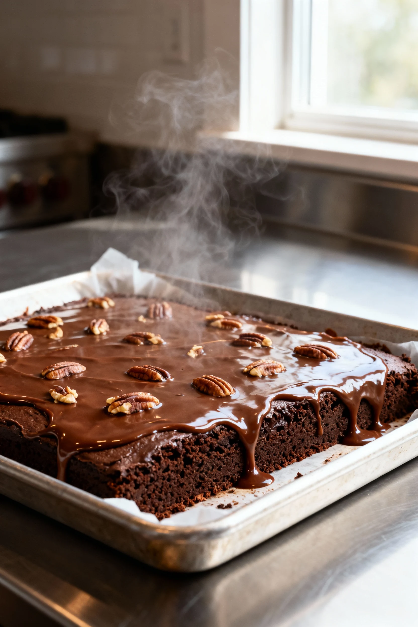 Chocolate sheet cake (Texas-style) just out of the oven in a greased sheet pan, warm glossy cocoa-pecan frosting cascadi