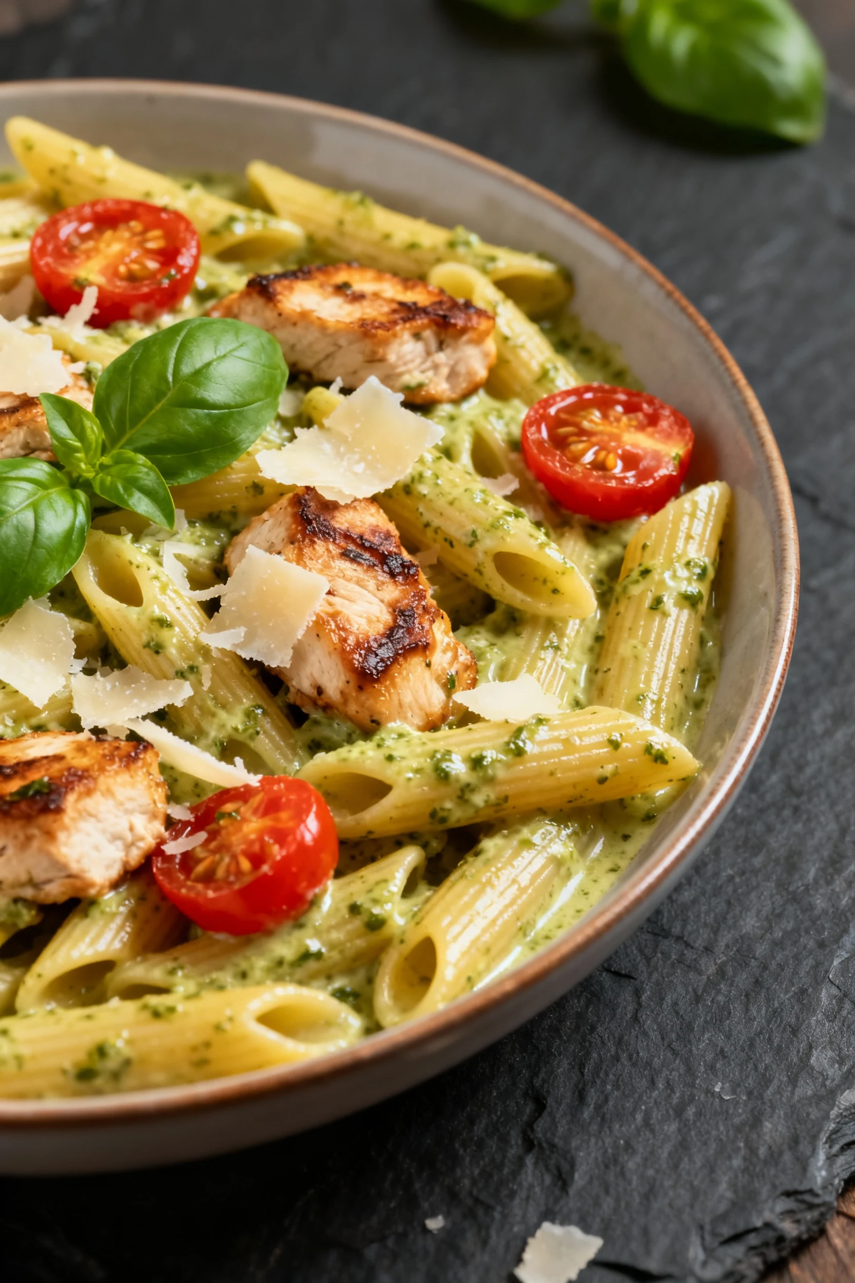 Close-up of penne coated in silky basil pesto cream sauce, glossy and speckled with basil, with seared chicken bites, bu