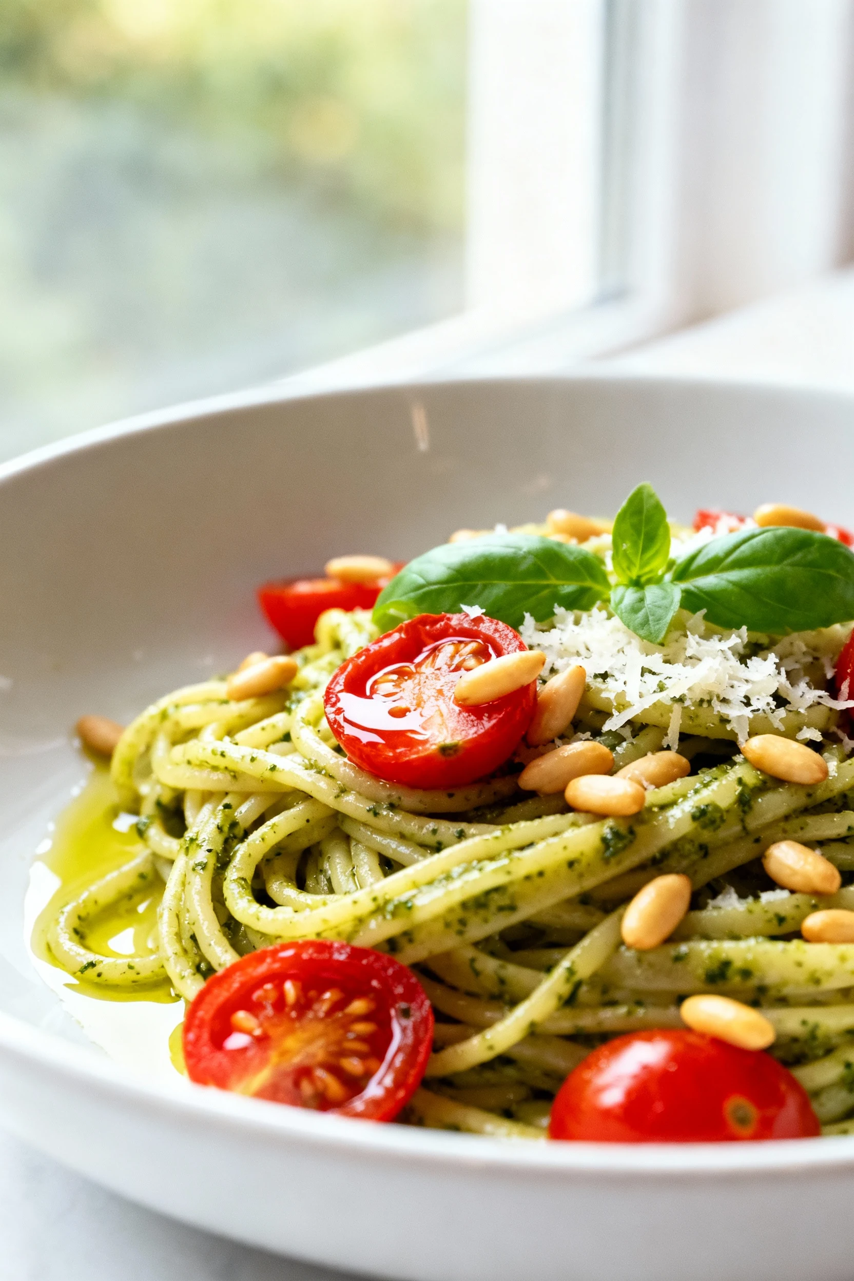Close-up of glossy pesto-coated spaghetti with flecks of basil and Parmesan, burst cherry tomato halves releasing juices