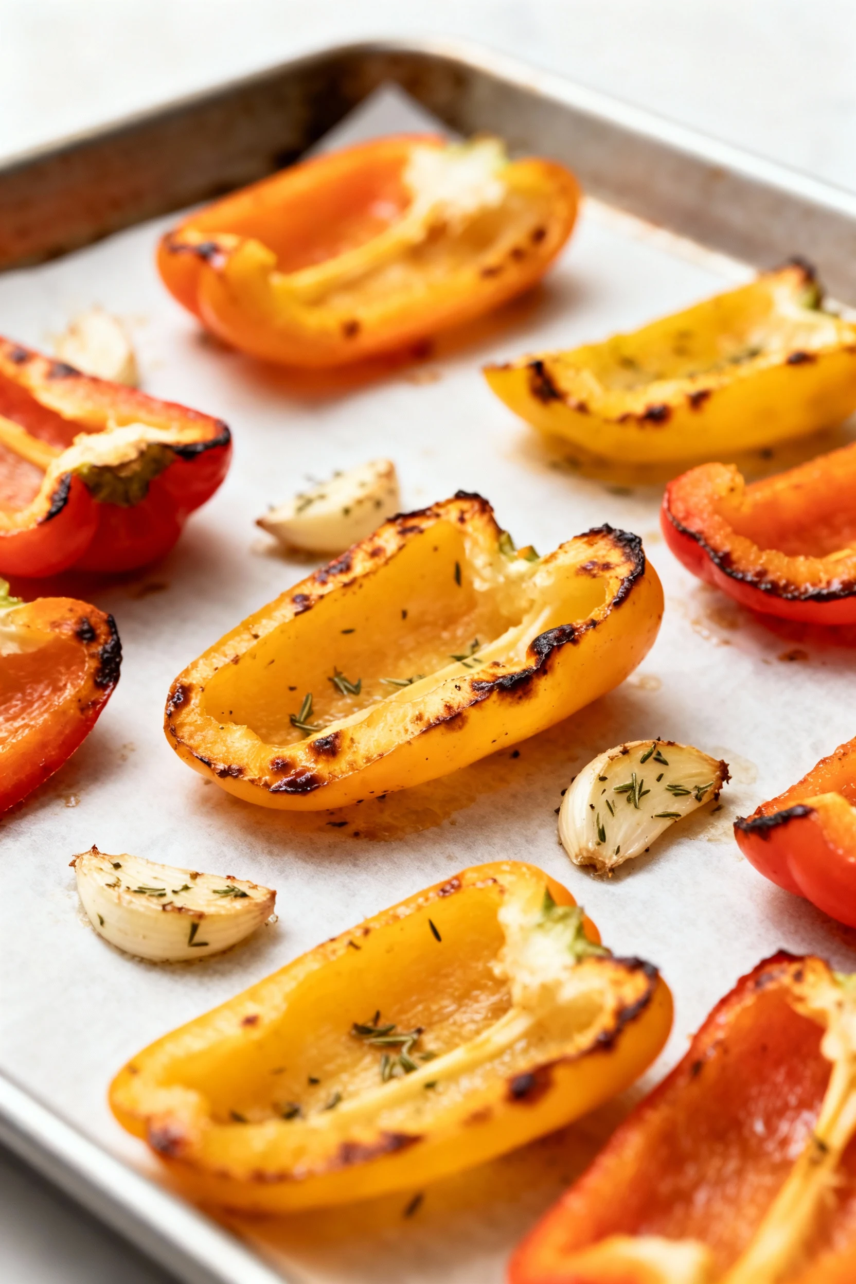 Cooking process: Sliced bell peppers at the 12-minute flip stage on a rimmed sheet pan lined with parchment, caramelized