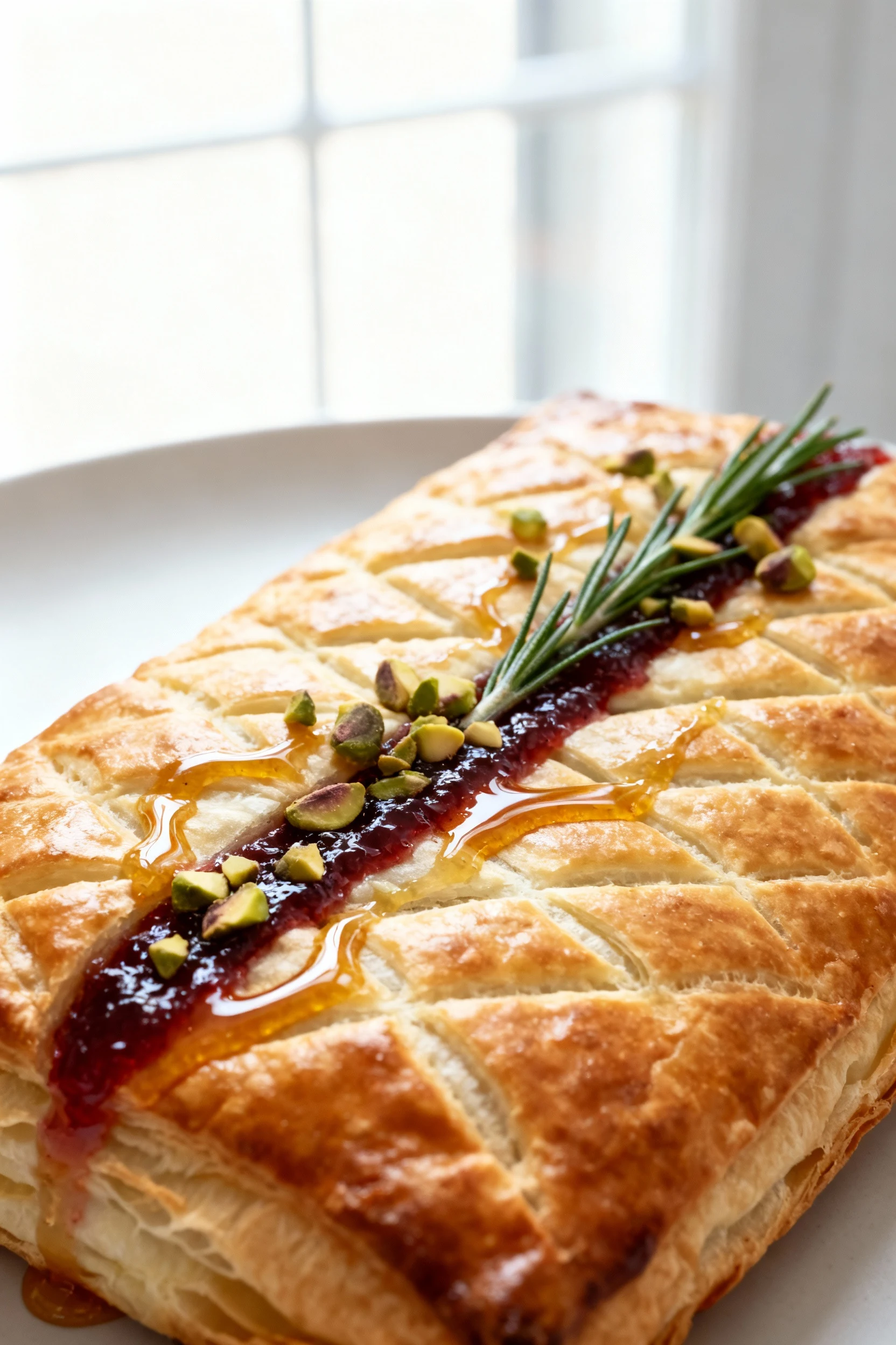 Extreme close-up of baked brie in puff pastry with deep golden, flaky layers and light criss-cross scoring, a thin ribbo