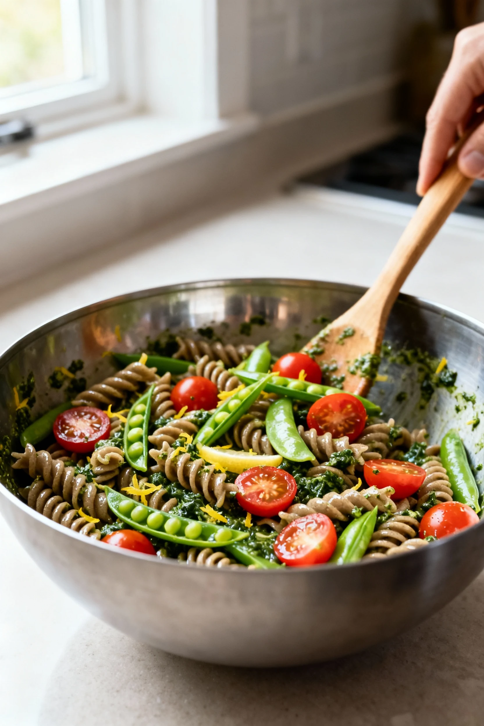 Cooking process: al dente whole-wheat fusilli being tossed with vibrant basil–spinach pesto in a large stainless bowl, p