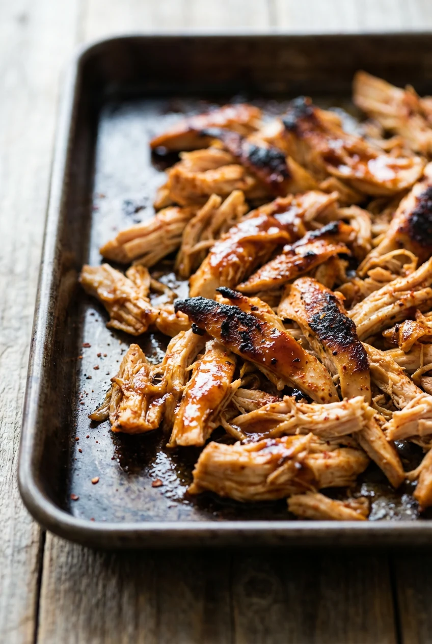 Close-up of sugar-free BBQ pulled chicken just broiled for crispy edges on a dark sheet pan, glossy reduced sauce clingi