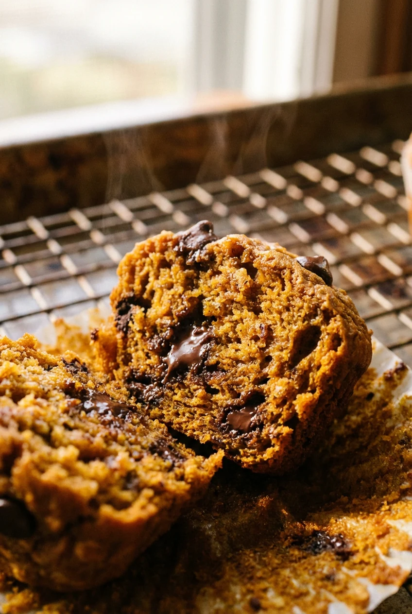 Close-up of a Pumpkin Oat Greek Yogurt muffin split open, showing moist orange crumb, pumpkin pie spice flecks, and melt