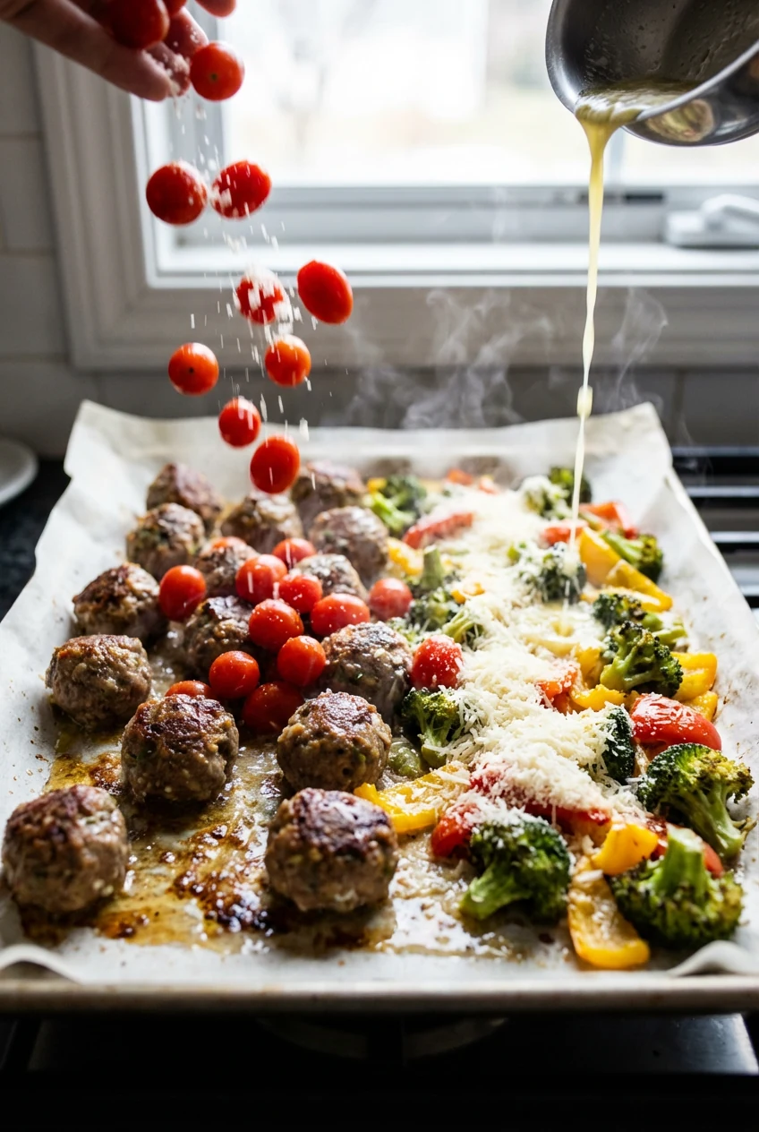Cooking process: Sheet pan meatballs and veggies mid-roast at 425°F—cherry tomatoes just added, half the Parmesan sprink