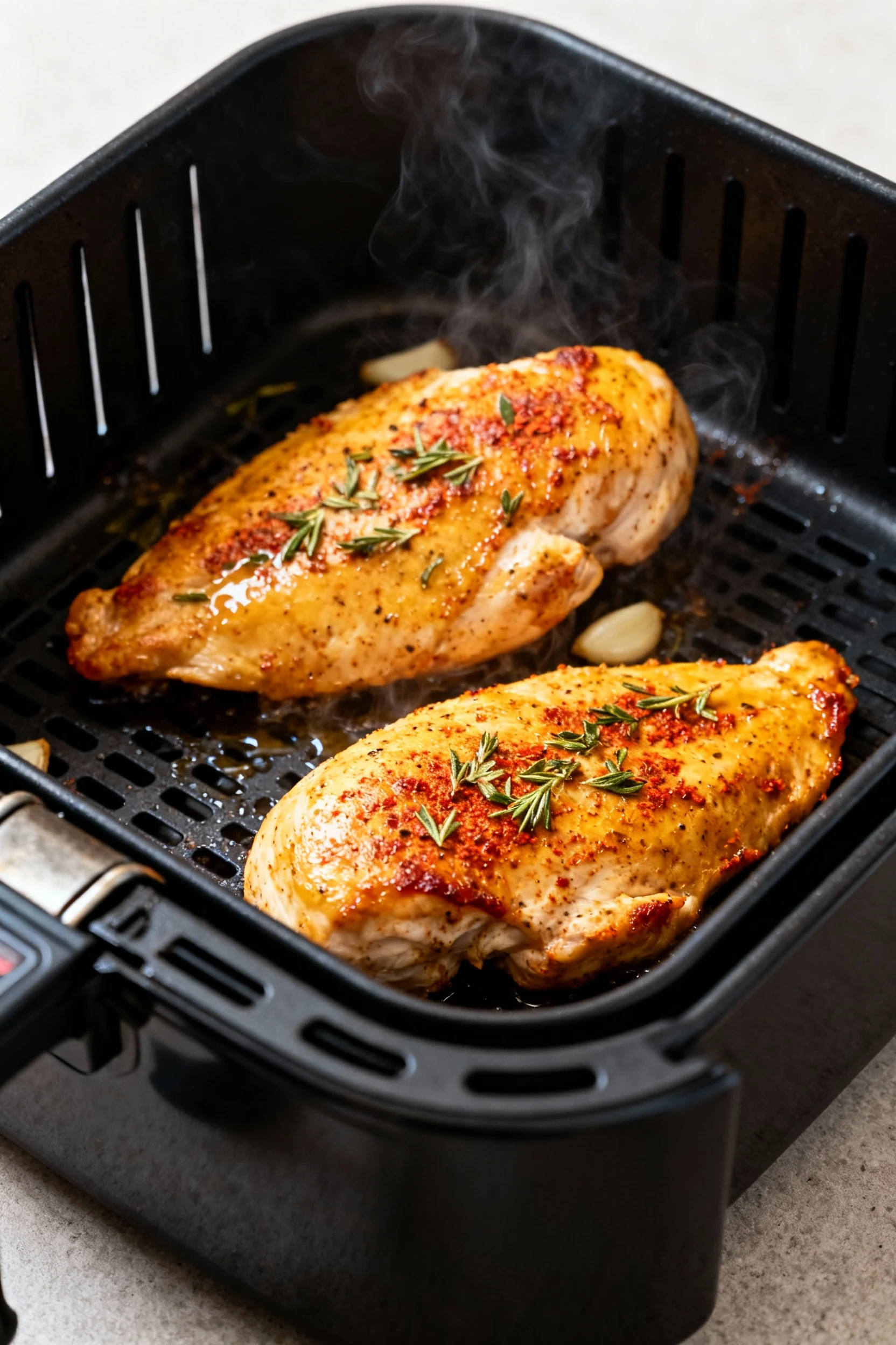 Air fryer basket pulled out, two golden, paprika–oregano–garlic rubbed chicken breasts sizzling, crisp edges, light stea