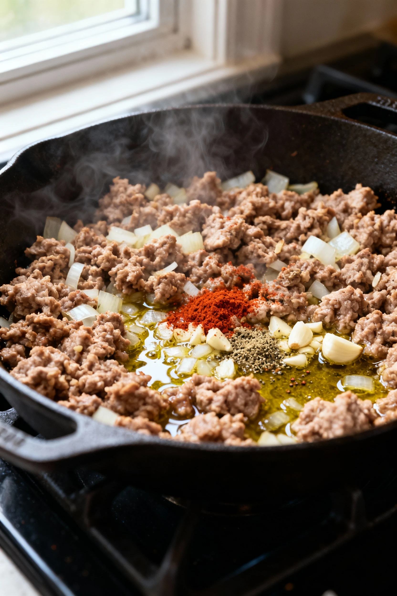 1. Close-up of ground turkey browning with diced onions and crushed garlic in a cast-iron skillet, visible caramelizatio