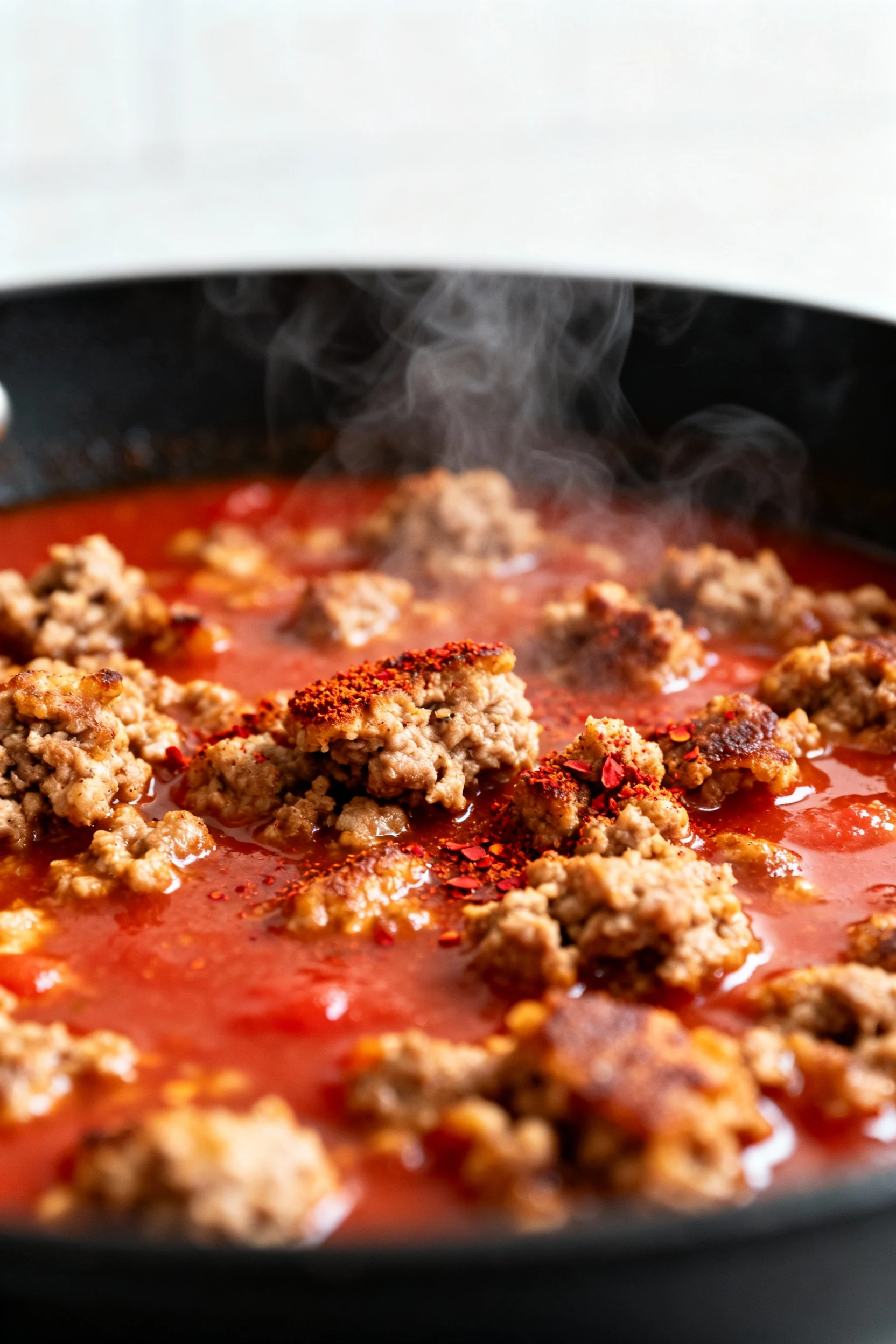 Close-up of juicy seasoned ground turkey simmering in tomato sauce in a black skillet—browned bits, red-speckled chili p